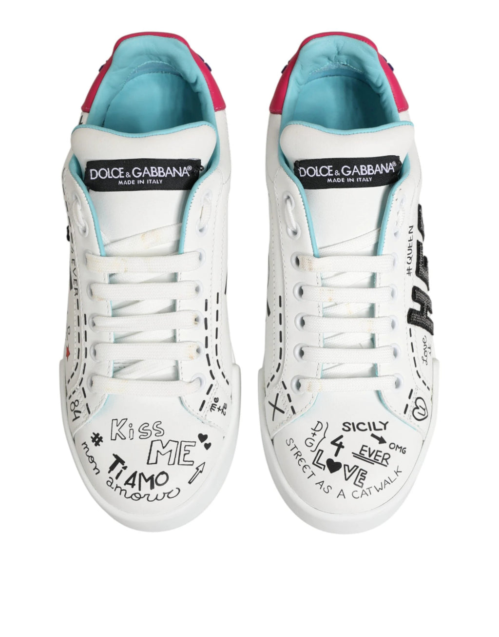 Dolce & Gabbana White Leather Graffiti Low Top Sneakers Shoes by Dolce & Gabbana