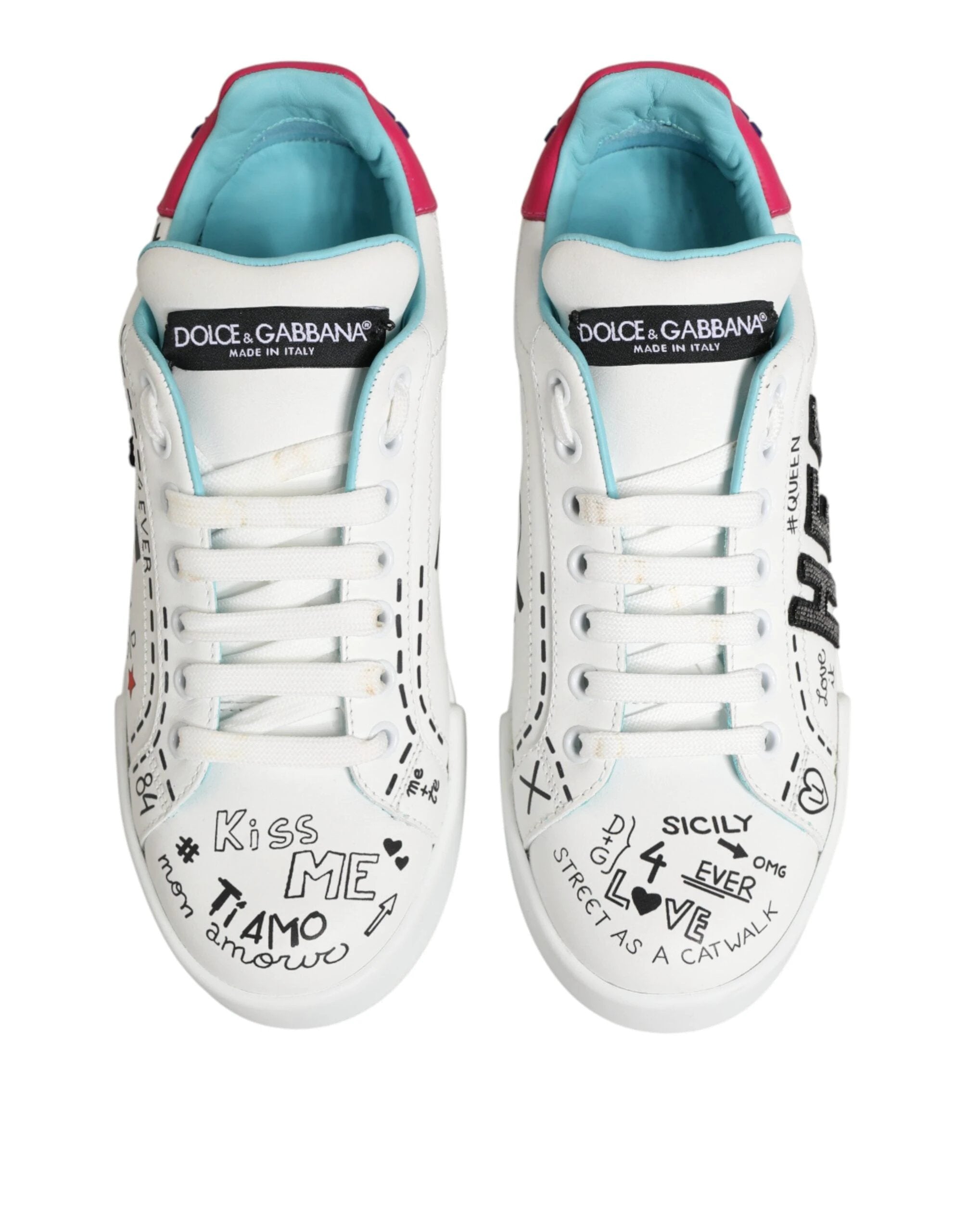 Dolce & Gabbana White Leather Graffiti Low Top Sneakers Shoes by Dolce & Gabbana