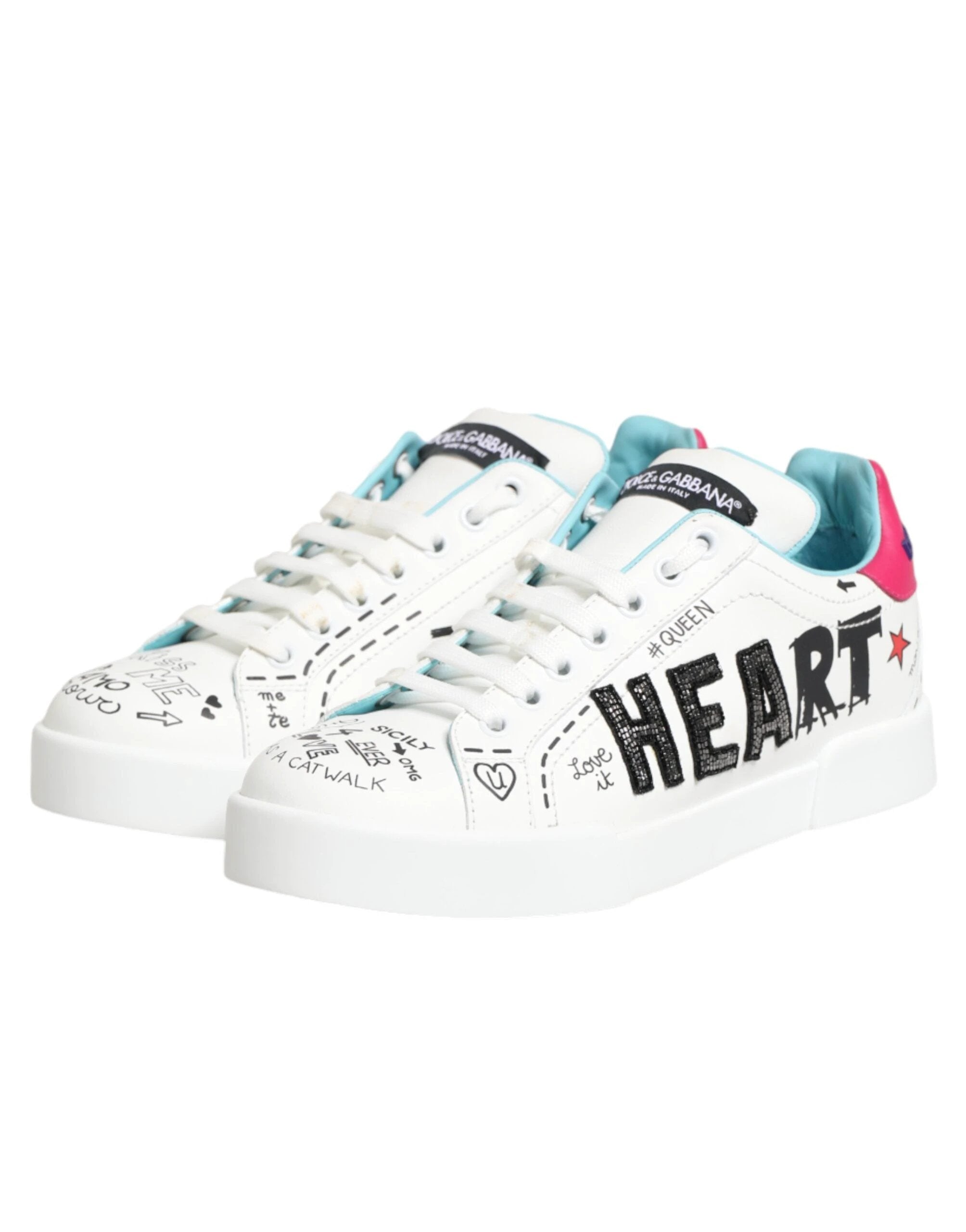 Dolce & Gabbana White Leather Graffiti Low Top Sneakers Shoes by Dolce & Gabbana
