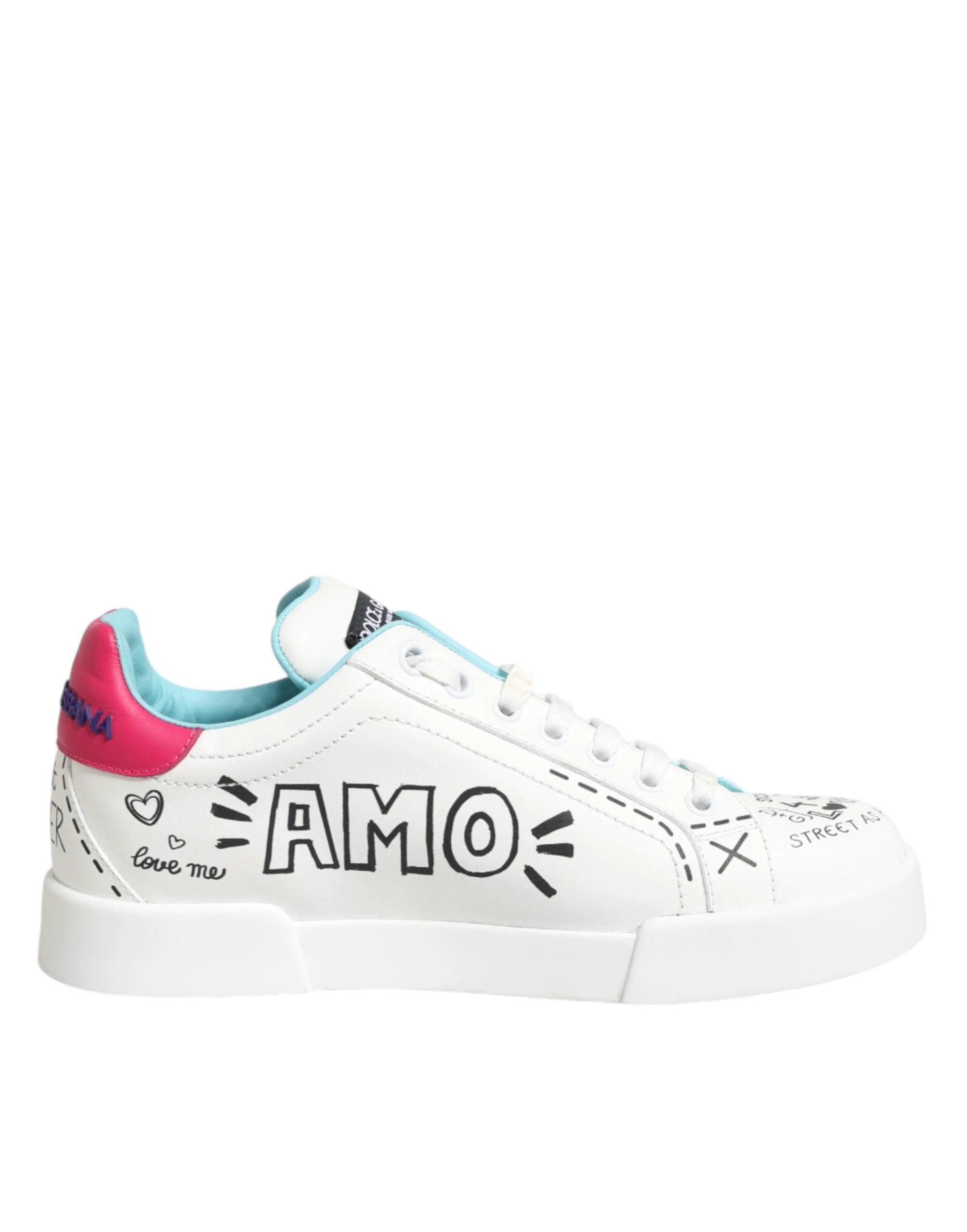 Dolce & Gabbana White Leather Graffiti Low Top Sneakers Shoes by Dolce & Gabbana