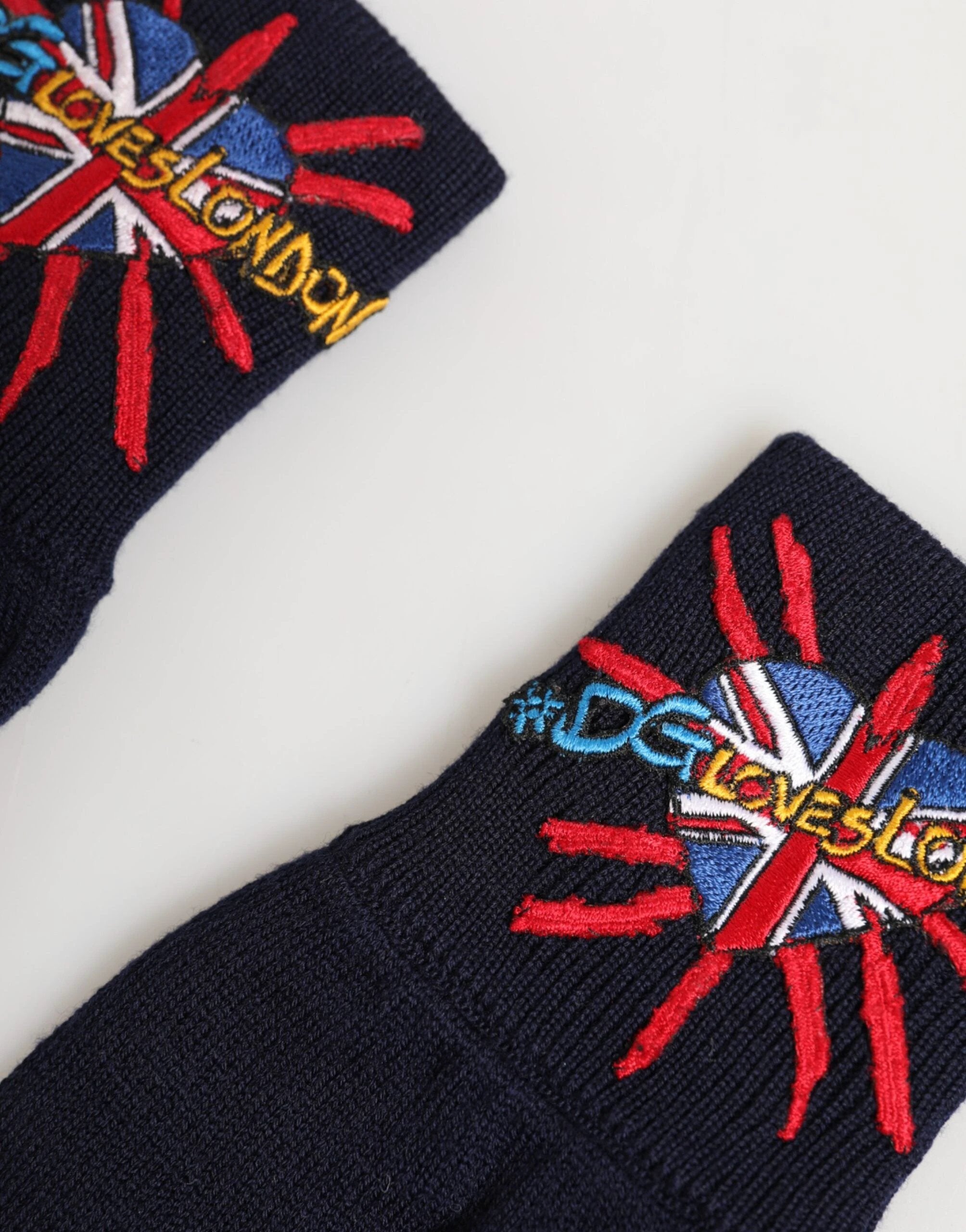 Dolce & Gabbana Blue Wool Knit #DGLovesLondon Embroidered Mitten Gloves by Dolce & Gabbana