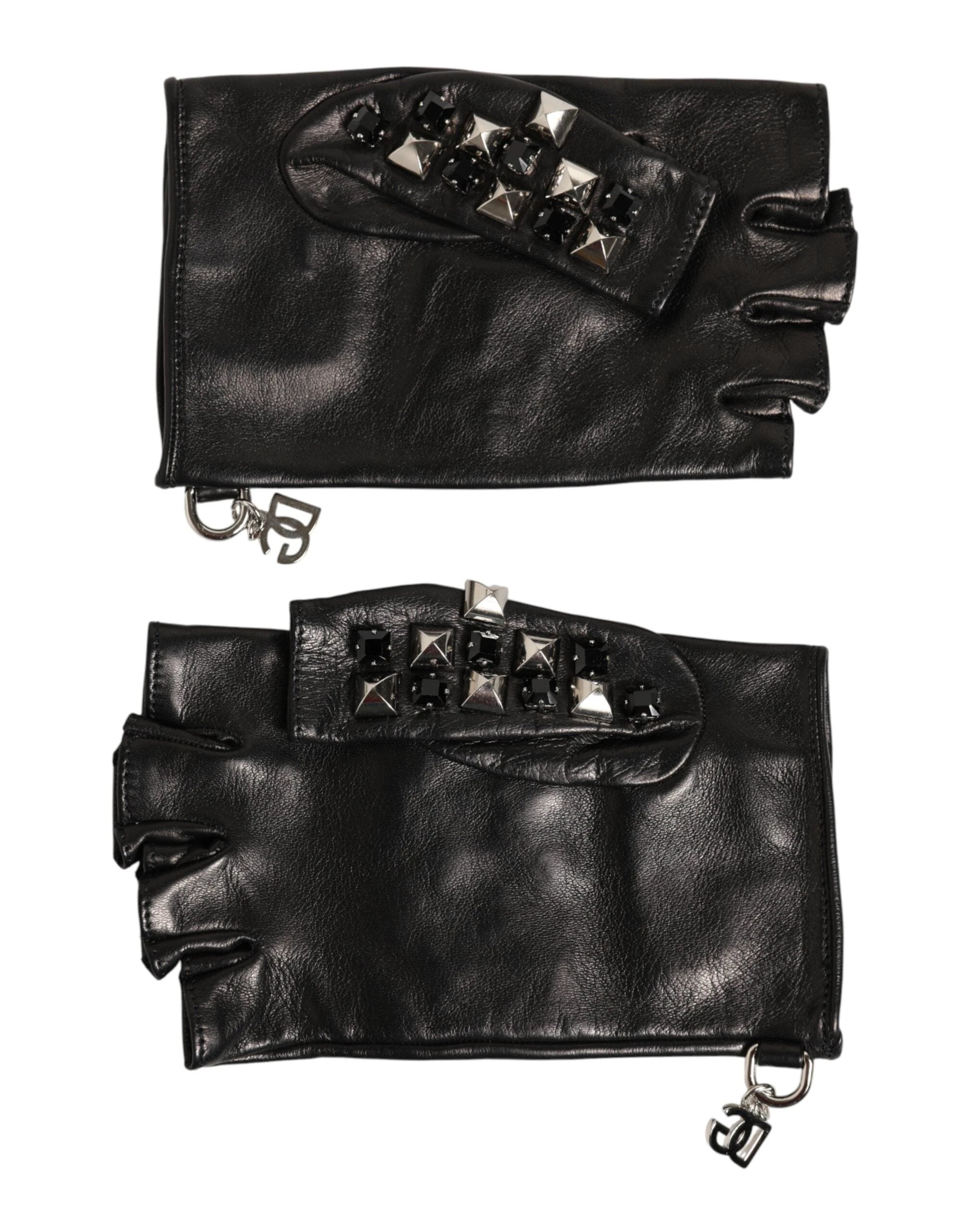 Dolce & Gabbana Black Leather Studded Fingerless Hand Mitten Men Gloves by Dolce & Gabbana