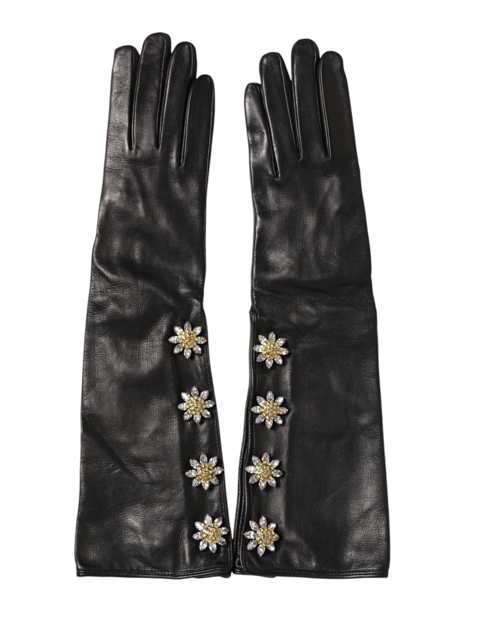 Dolce & Gabbana Black Leather Embellished Long Mitten Gloves by Dolce & Gabbana