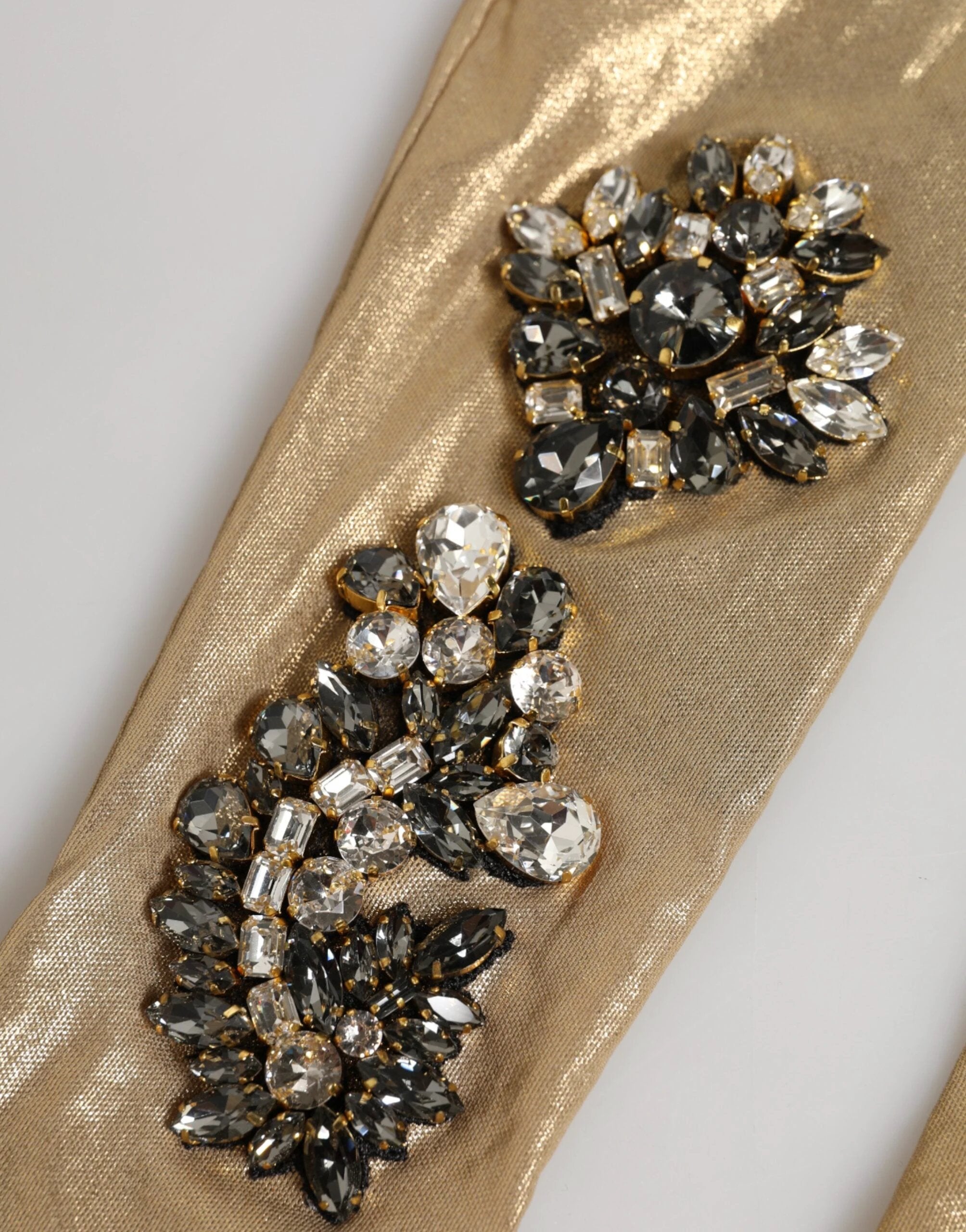 Dolce & Gabbana Beige Satin Crystal Elbow Length Mitten Gloves by Dolce & Gabbana