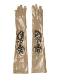 Dolce & Gabbana Beige Satin Crystal Elbow Length Mitten Gloves by Dolce & Gabbana