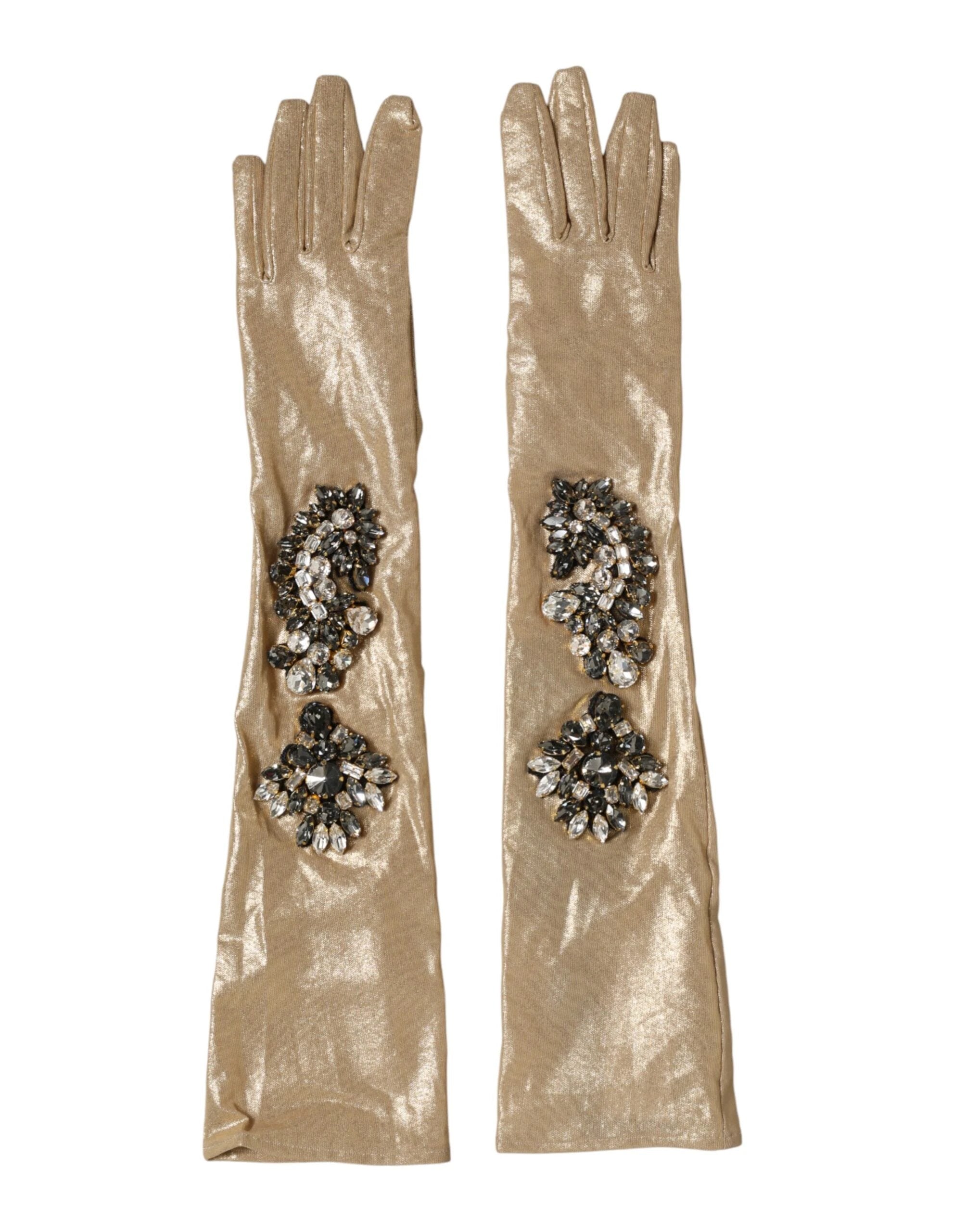 Dolce & Gabbana Beige Satin Crystal Elbow Length Mitten Gloves by Dolce & Gabbana