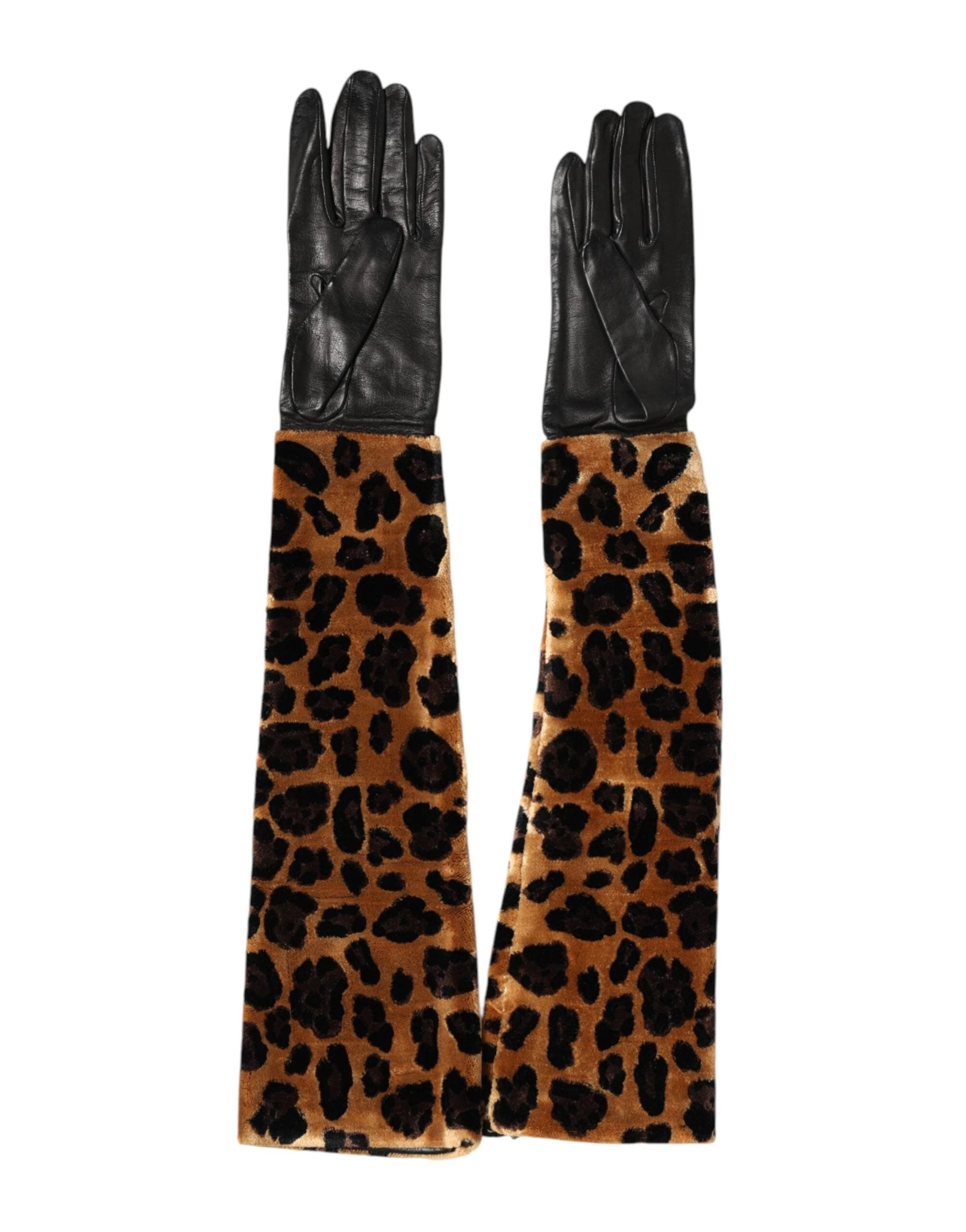 Dolce & Gabbana Brown Black Leopard Leather Elbow Length Mitten Gloves by Dolce & Gabbana