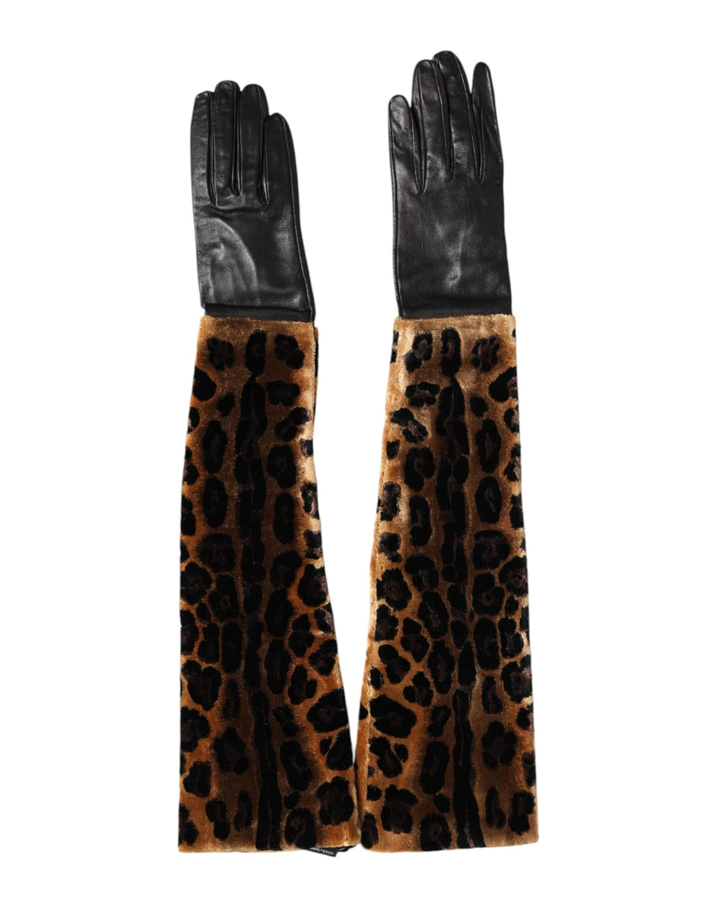 Dolce & Gabbana Brown Black Leopard Leather Elbow Length Mitten Gloves by Dolce & Gabbana
