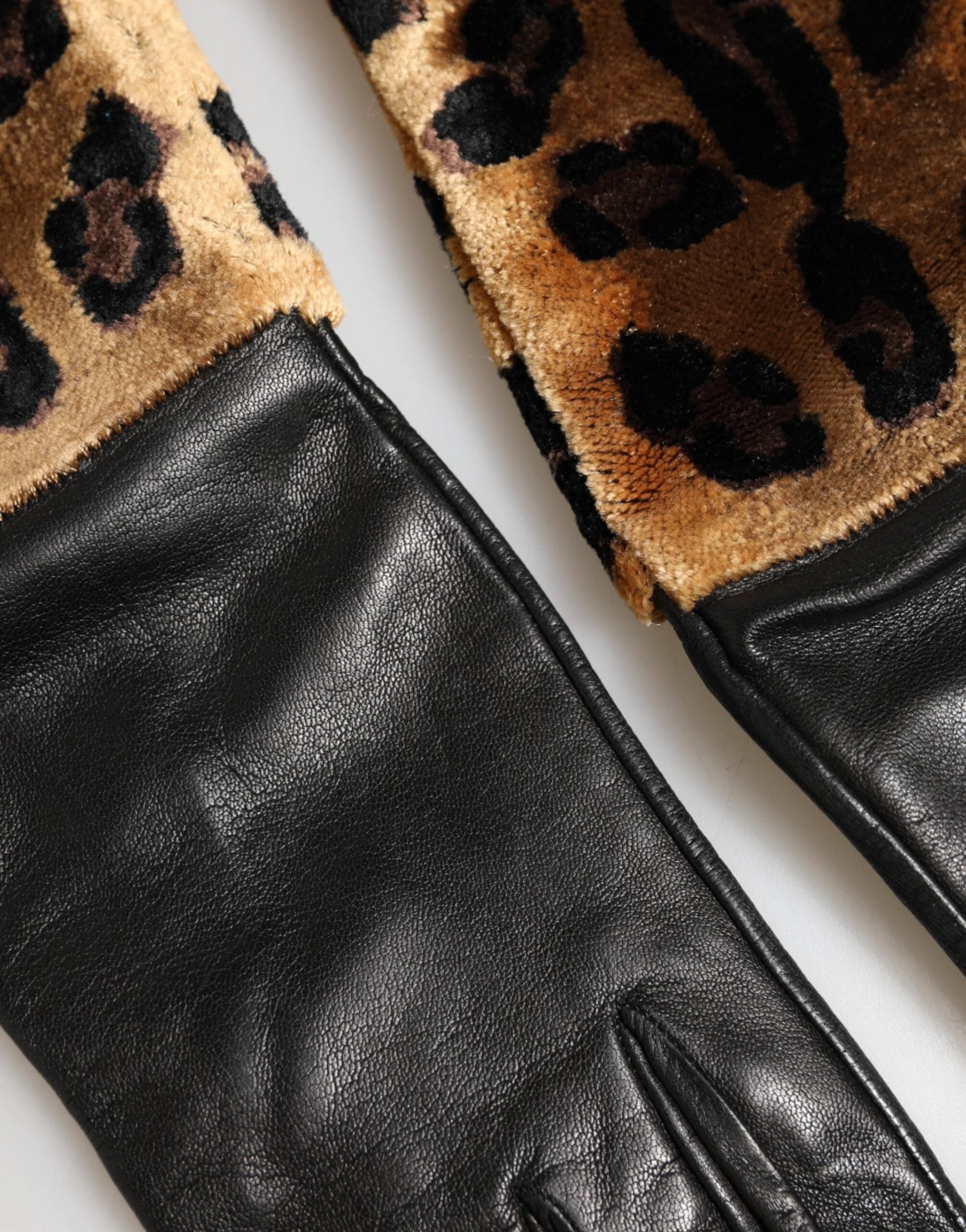 Dolce & Gabbana Brown Black Leopard Leather Elbow Length Mitten Gloves by Dolce & Gabbana