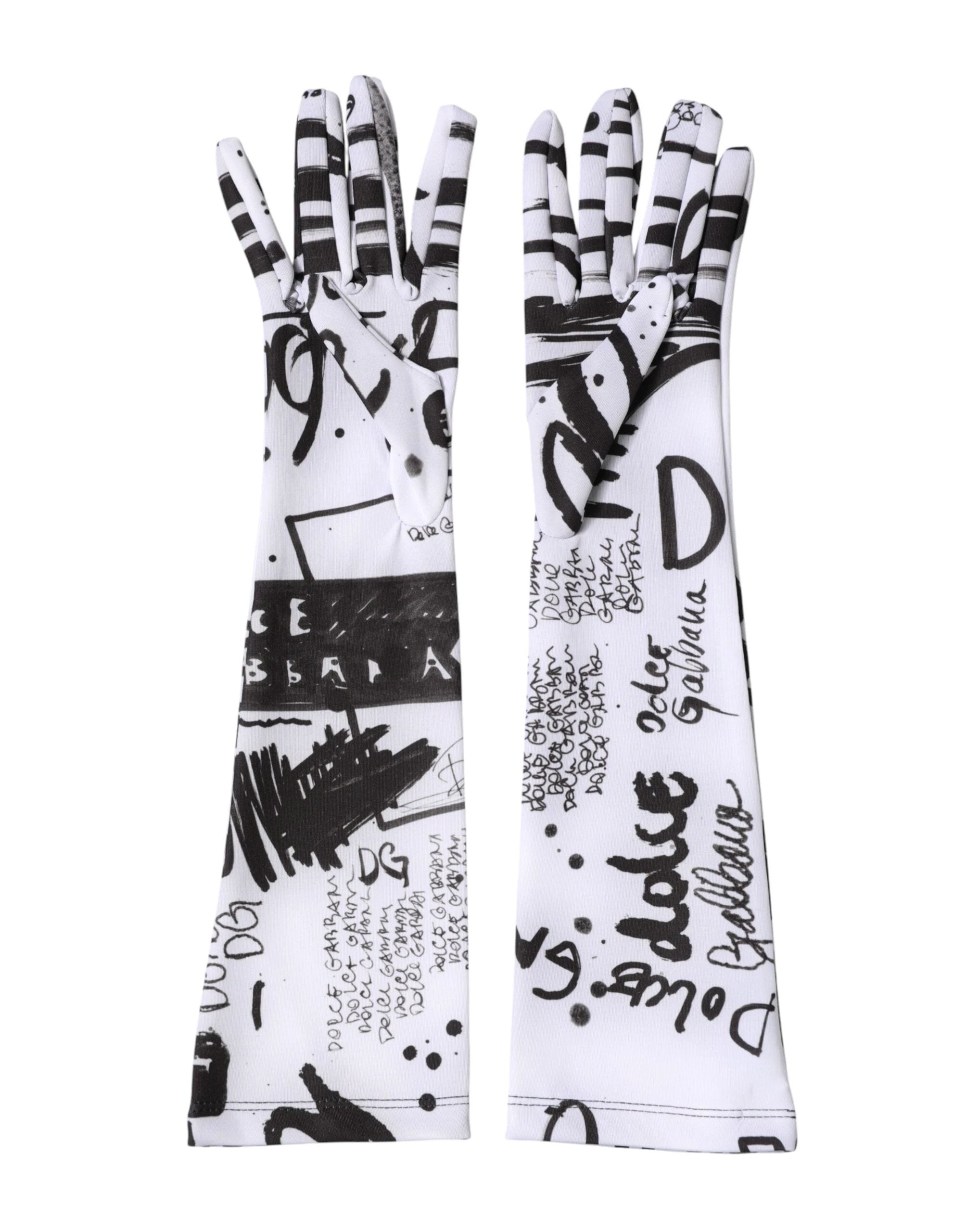 Dolce & Gabbana Black White DG Logo Elbow Length Mitten Gloves by Dolce & Gabbana