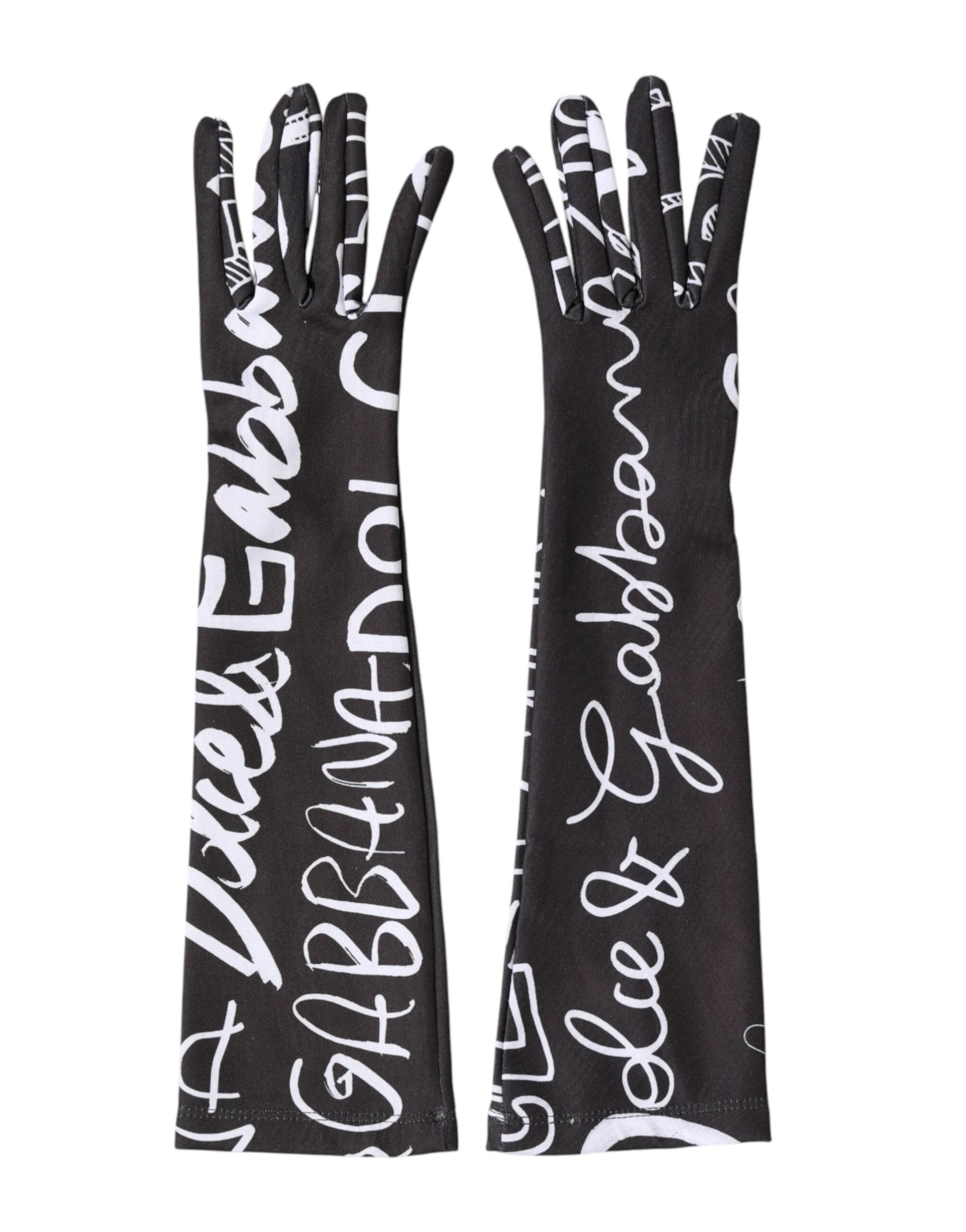 Dolce & Gabbana Black White DG Logo Elbow Length Mitten Gloves by Dolce & Gabbana