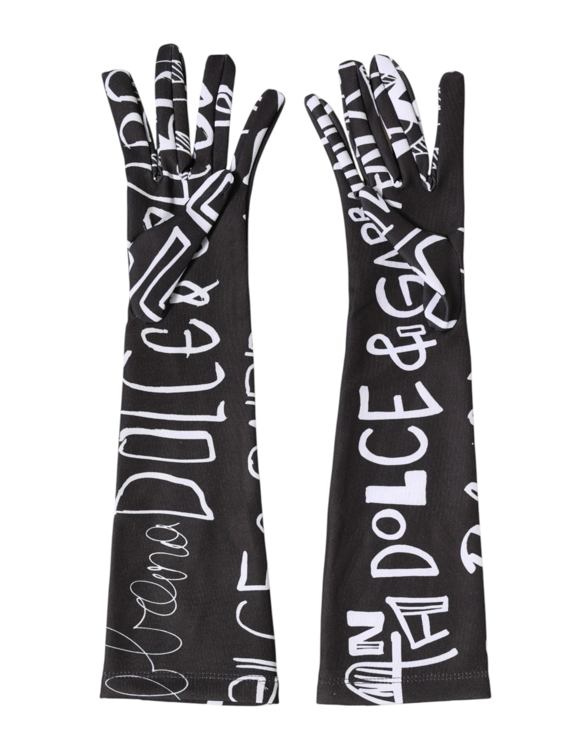 Dolce & Gabbana Black White DG Logo Elbow Length Mitten Gloves by Dolce & Gabbana