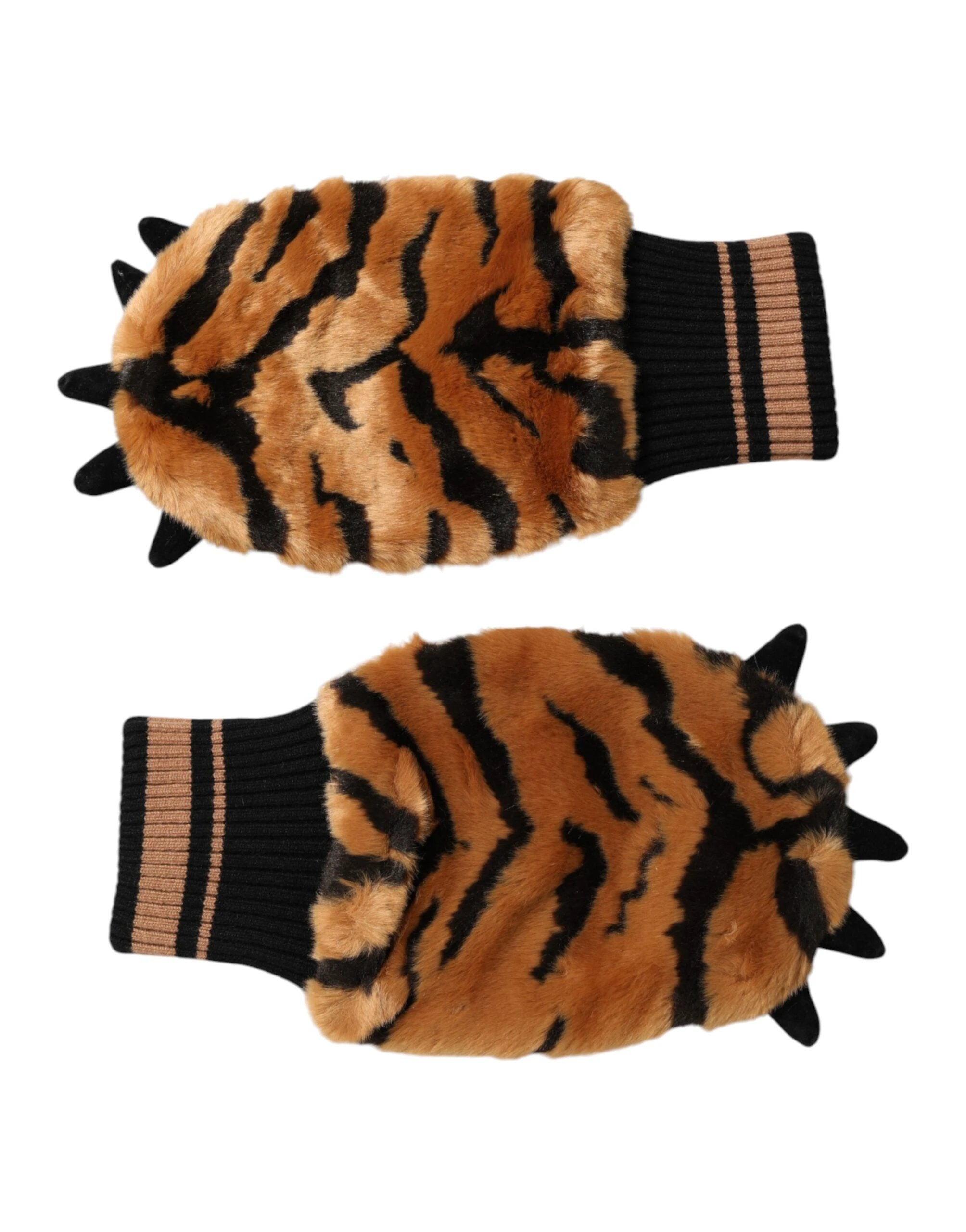 Dolce & Gabbana Brown Tiger Knitted Fur Wrist Mitten One Size Gloves by Dolce & Gabbana