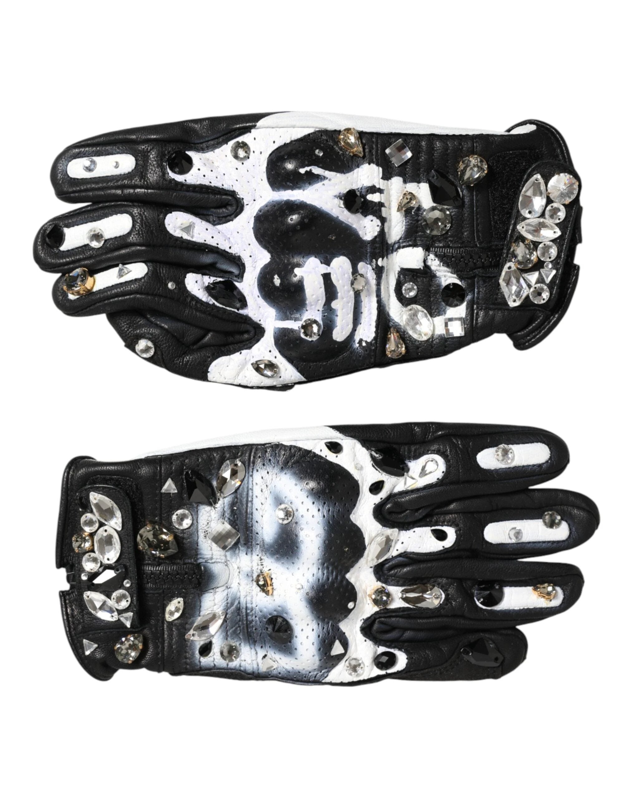 Dolce & Gabbana Gloves Black White Crystal Wrist Length Mitten Gloves by Dolce & Gabbana