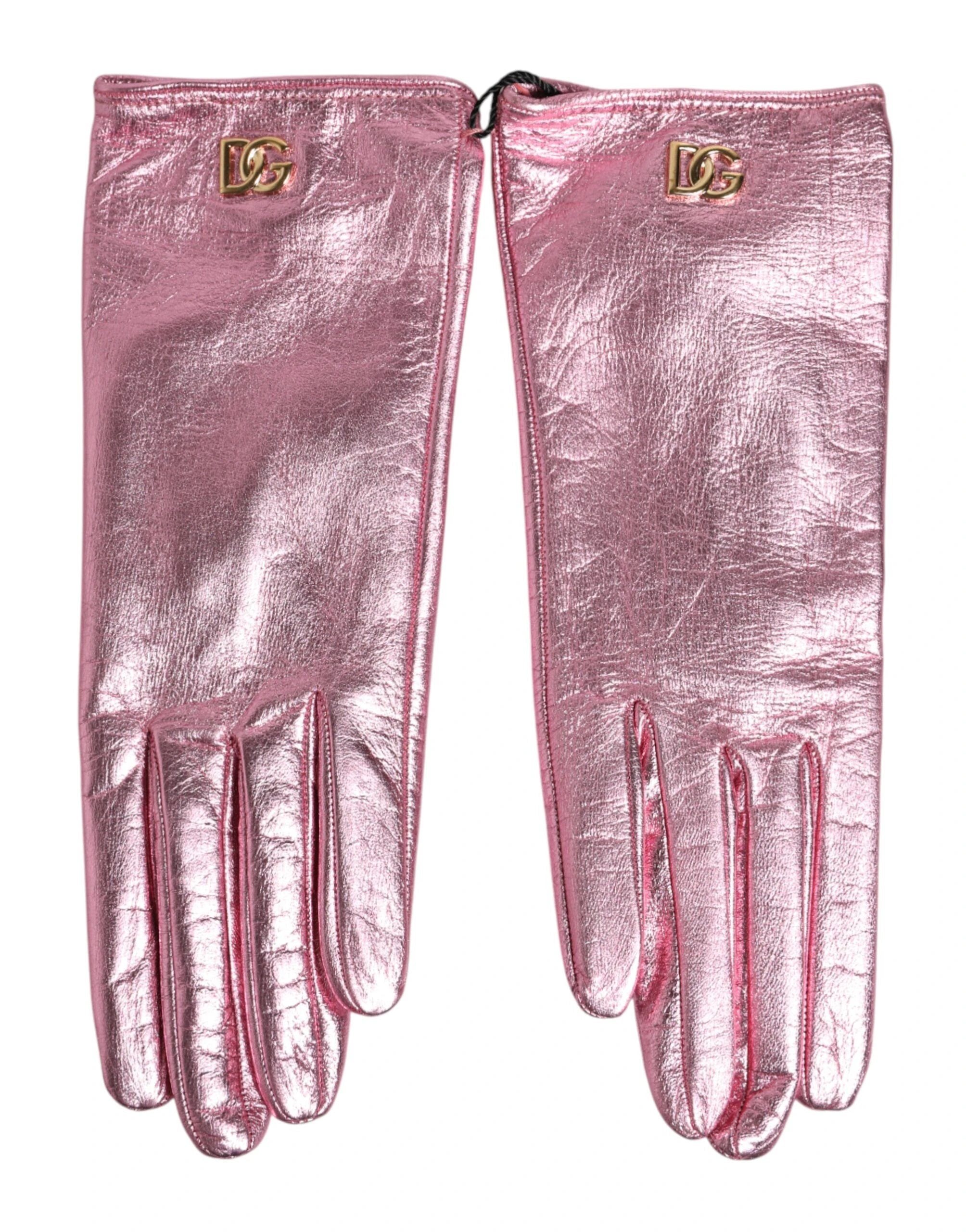 Dolce & Gabbana Pink Leather DG Logo Wrist Length Mitten Gloves by Dolce & Gabbana