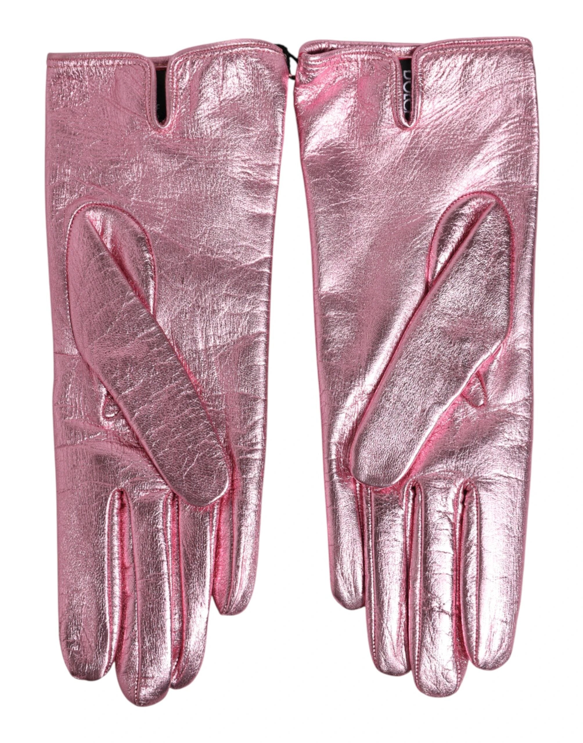 Dolce & Gabbana Pink Leather DG Logo Wrist Length Mitten Gloves by Dolce & Gabbana