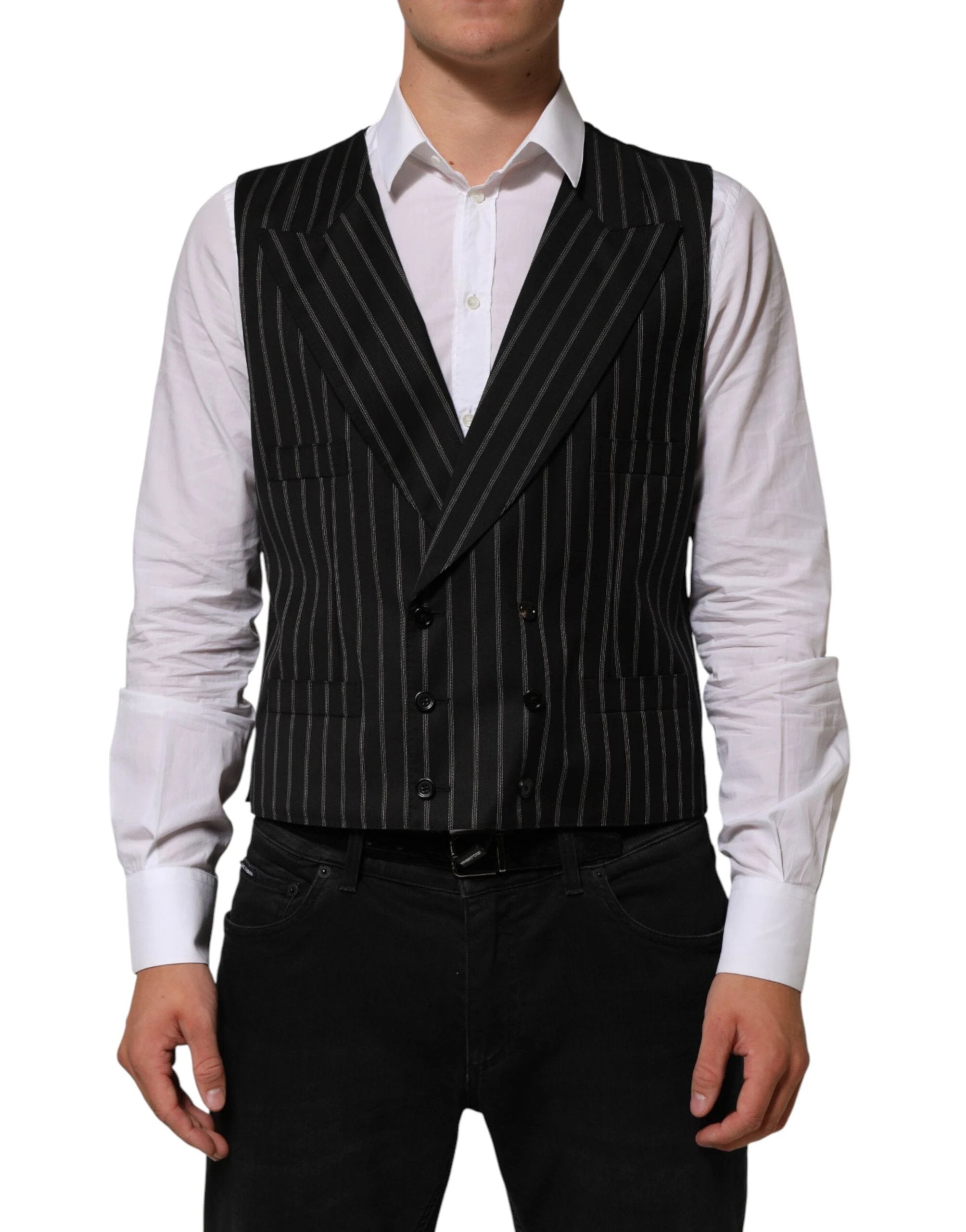 Dolce & Gabbana Black Stripes Wool Dress Men Waistcoat Vest by Dolce & Gabbana