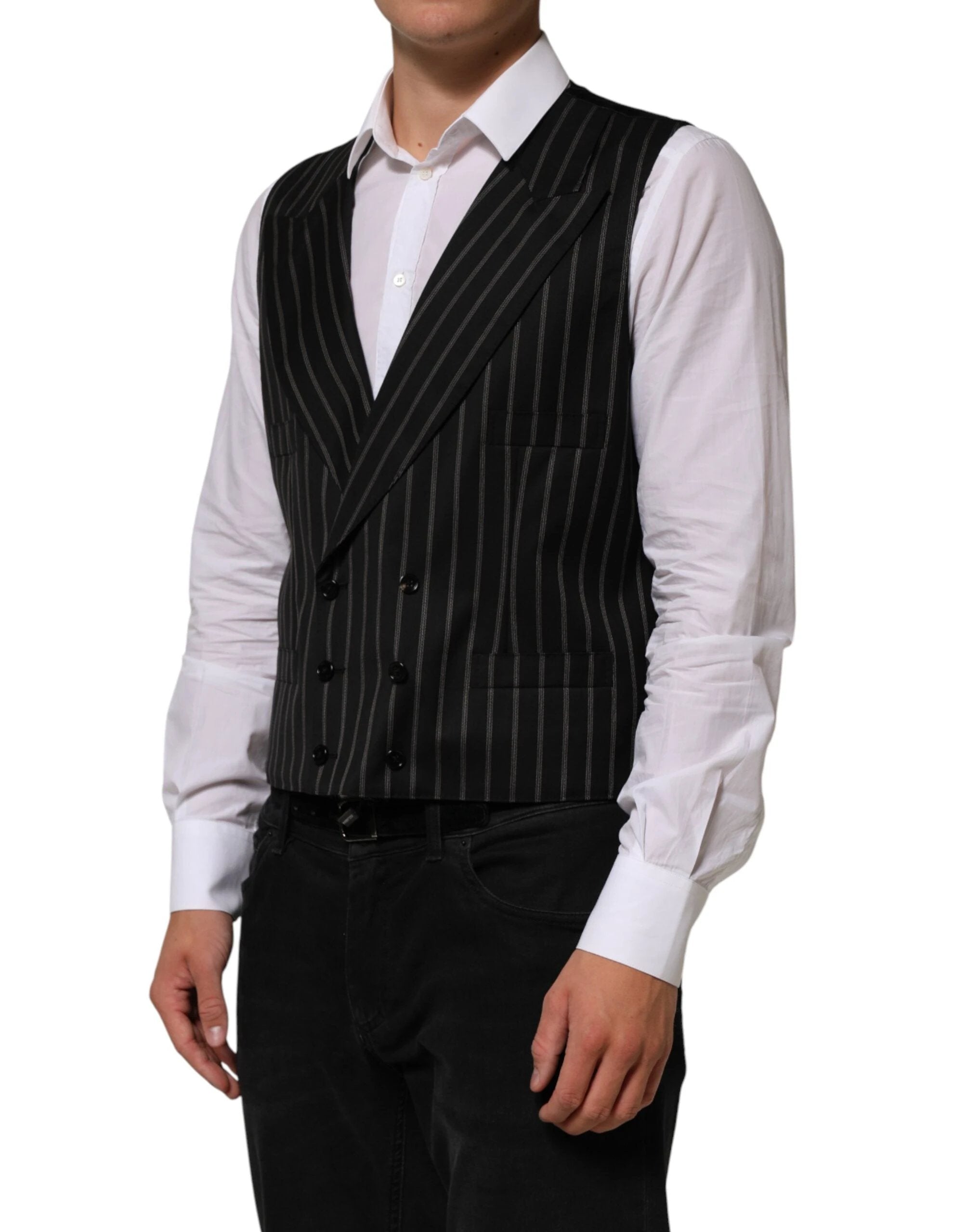 Dolce & Gabbana Black Stripes Wool Dress Men Waistcoat Vest by Dolce & Gabbana
