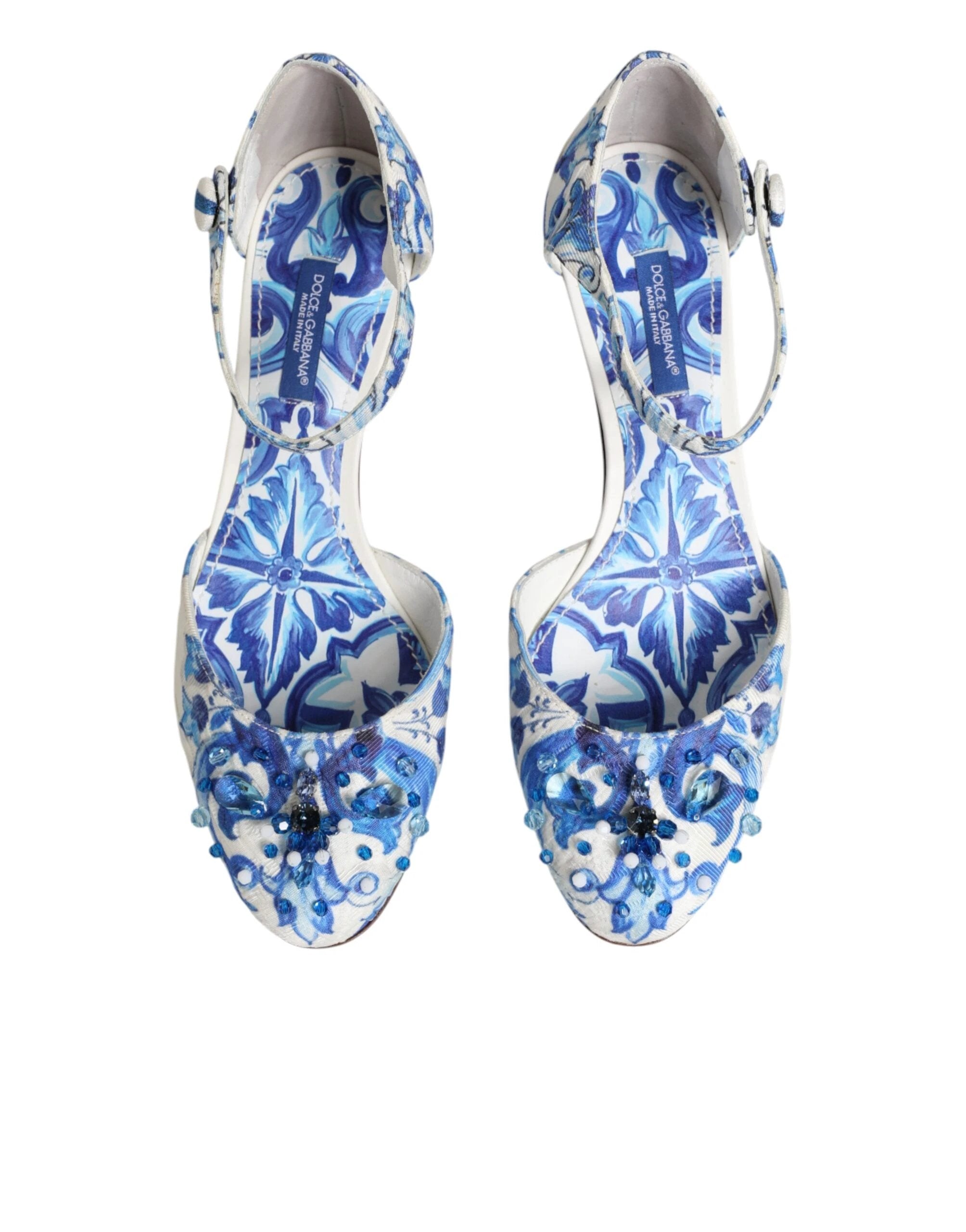 Dolce & Gabbana White Blue Floral Crystal Ankle Straps Shoes by Dolce & Gabbana