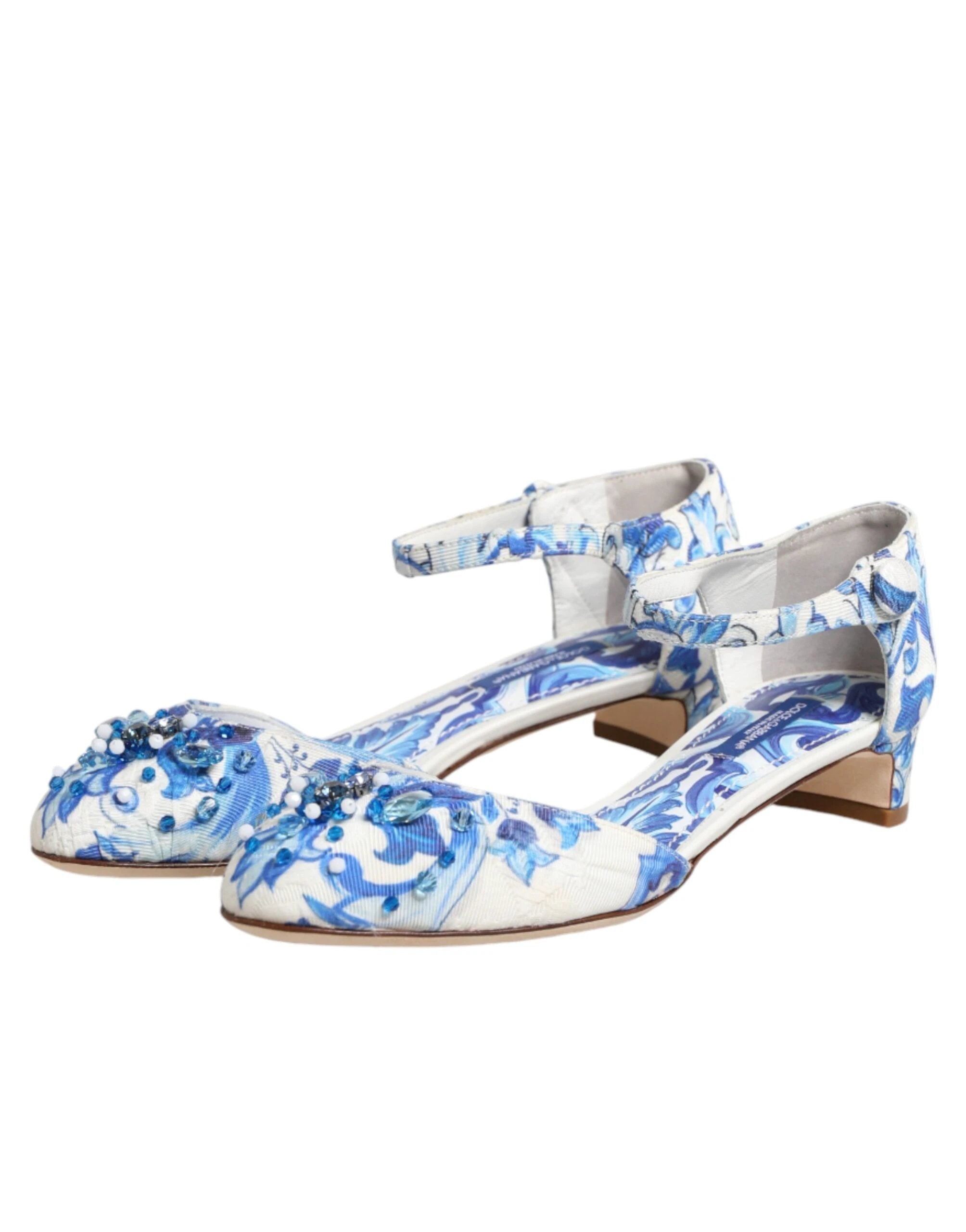 Dolce & Gabbana White Blue Floral Crystal Ankle Straps Shoes by Dolce & Gabbana