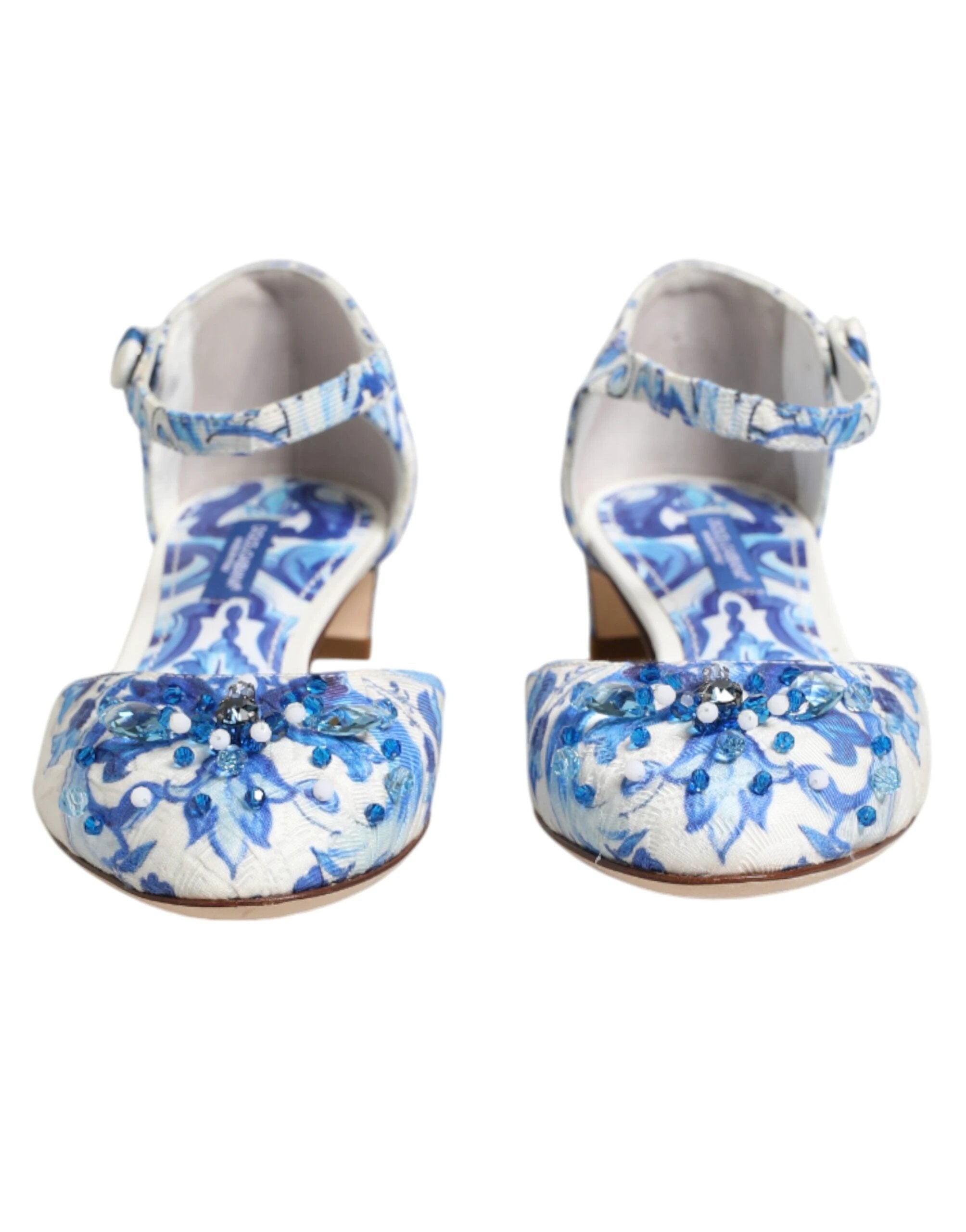 Dolce & Gabbana White Blue Floral Crystal Ankle Straps Shoes by Dolce & Gabbana