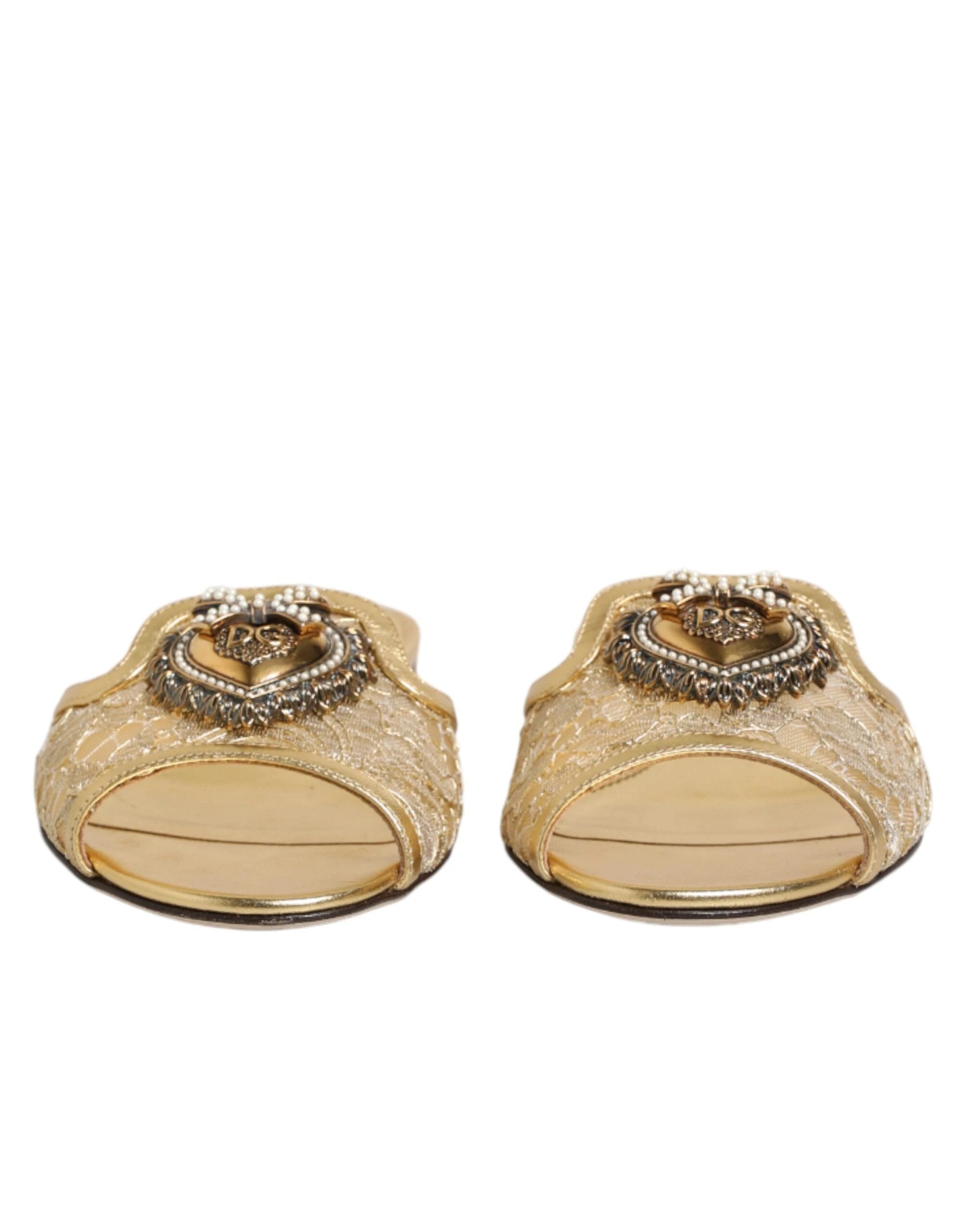 Dolce & Gabbana Gold Devotion Lace Flats Slip On Sandals Shoes by Dolce & Gabbana