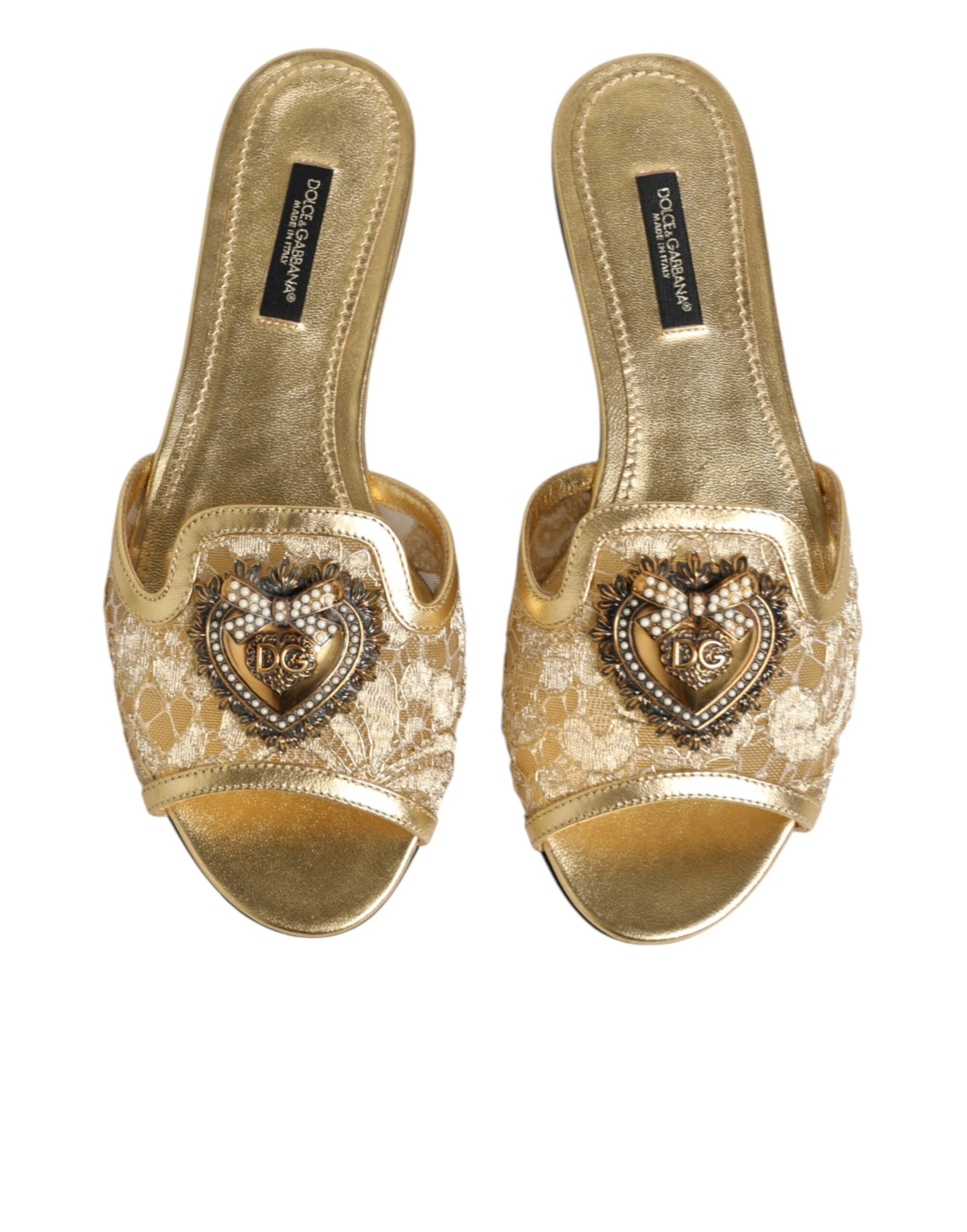 Dolce & Gabbana Gold Devotion Lace Flats Slip On Sandals Shoes by Dolce & Gabbana