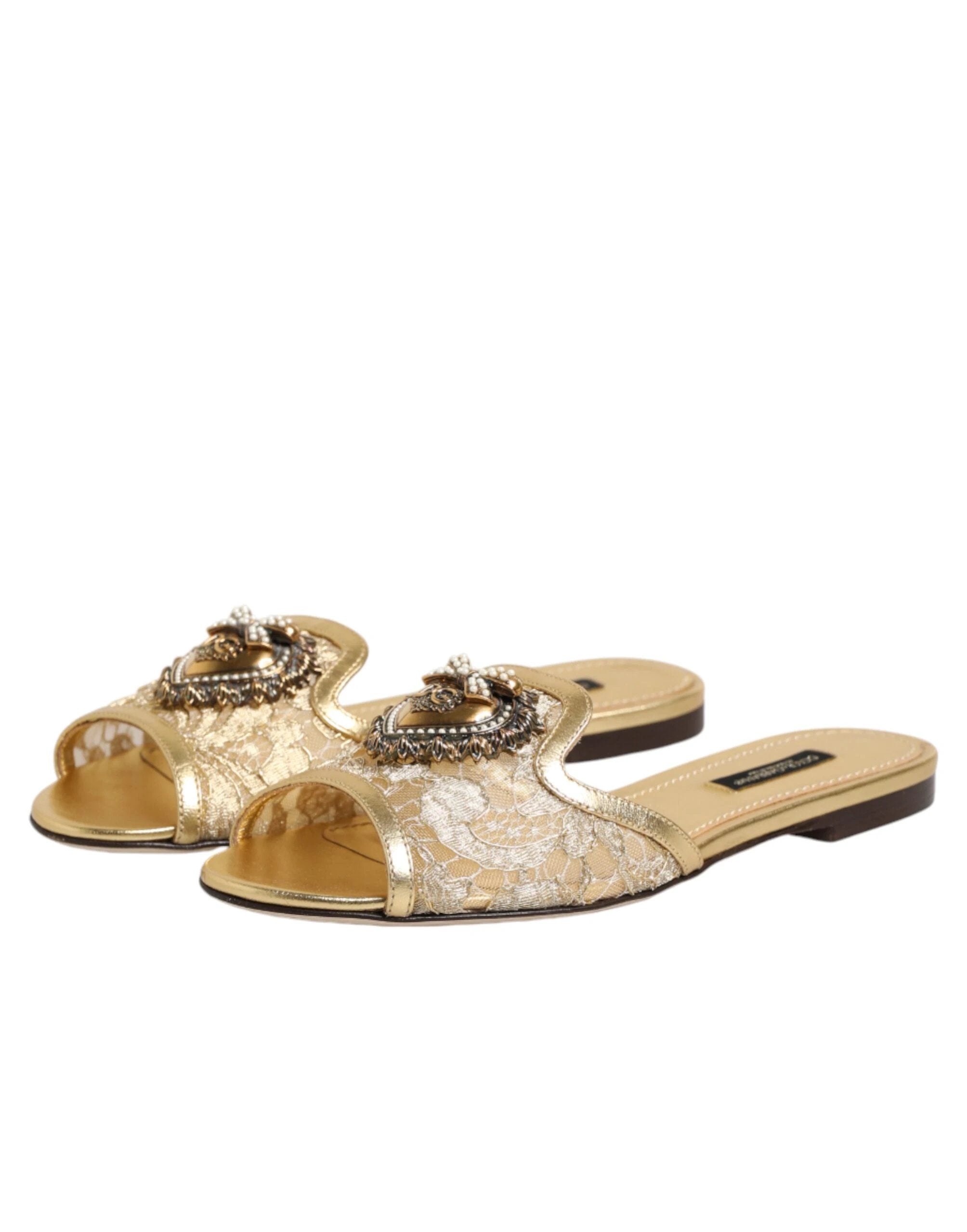Dolce & Gabbana Gold Devotion Lace Flats Slip On Sandals Shoes by Dolce & Gabbana