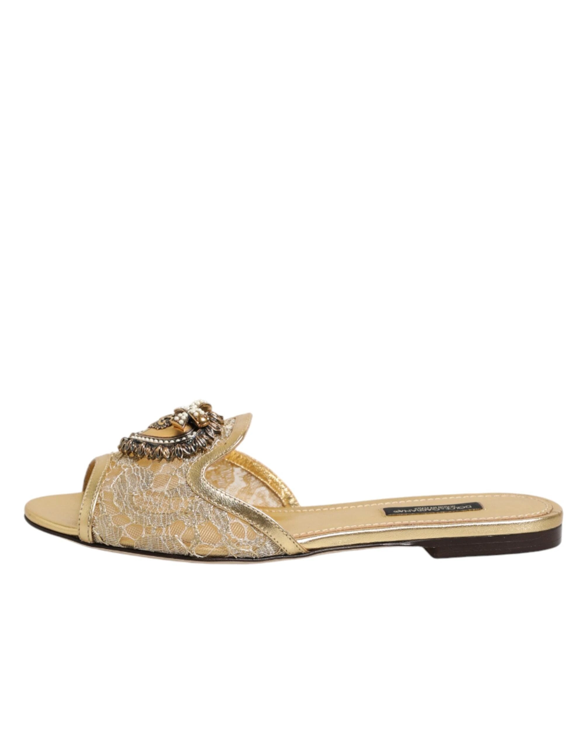 Dolce & Gabbana Gold Devotion Lace Flats Slip On Sandals Shoes by Dolce & Gabbana
