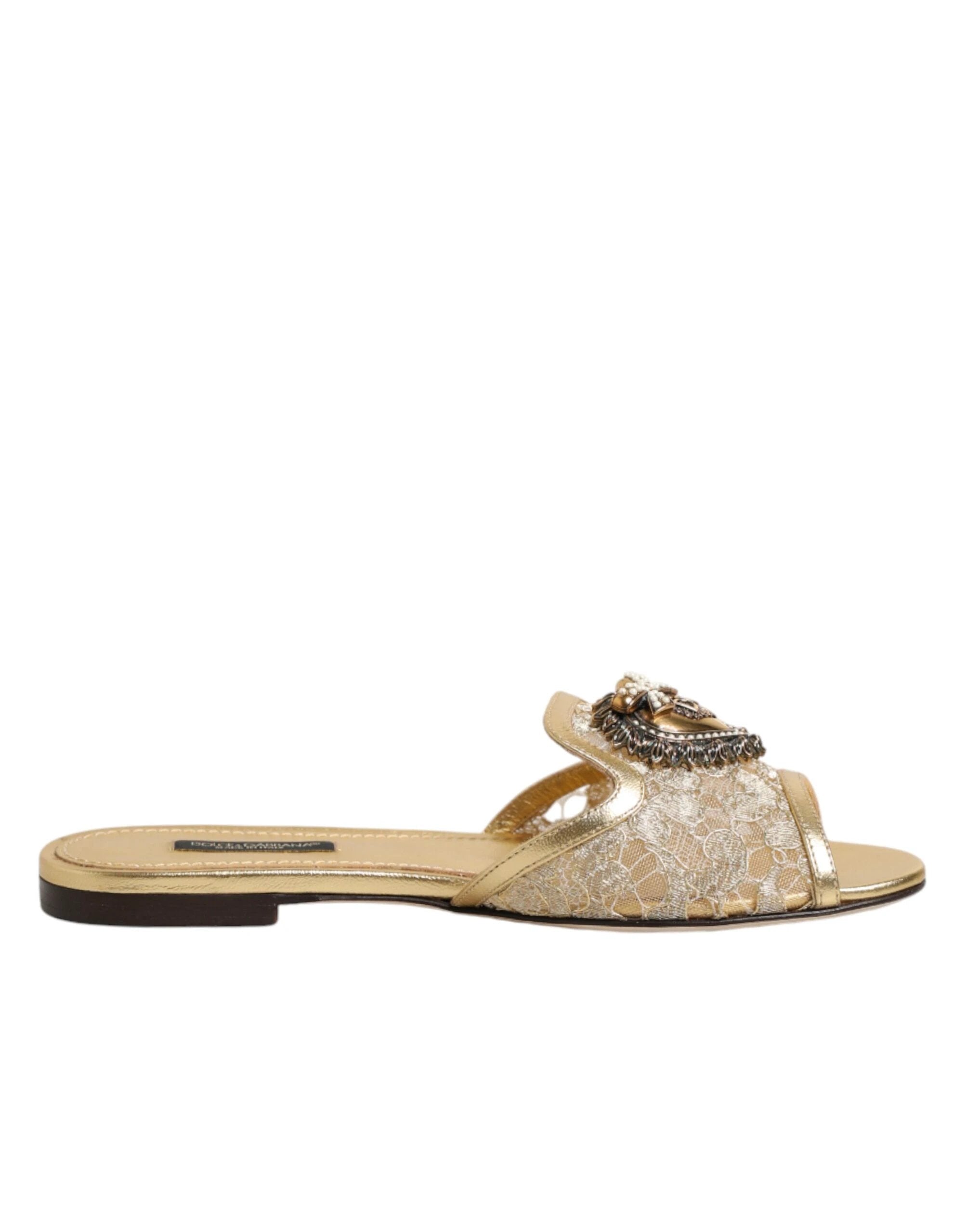 Dolce & Gabbana Gold Devotion Lace Flats Slip On Sandals Shoes by Dolce & Gabbana
