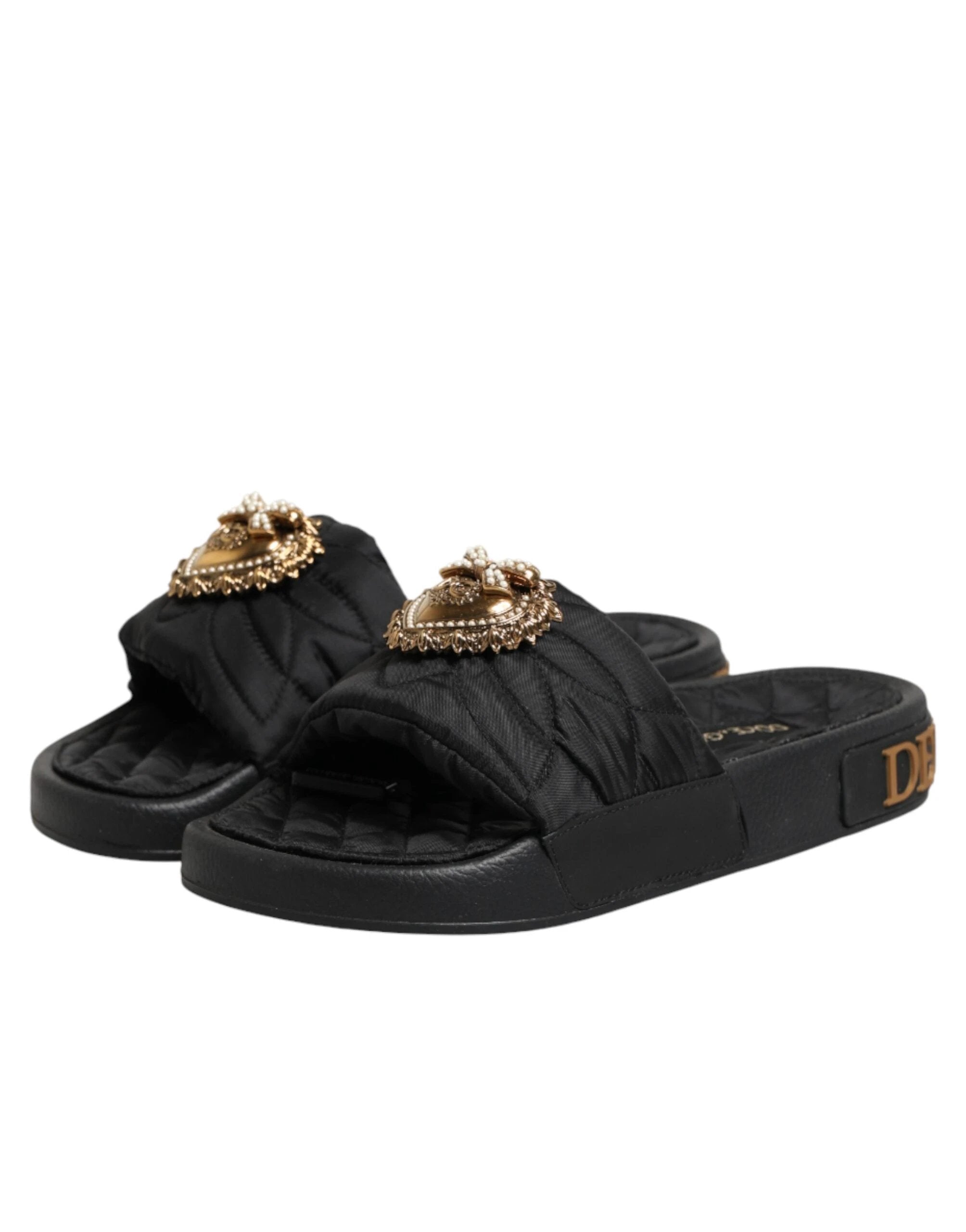 Dolce & Gabbana Black Devotion Matelassé Leather Slides Shoes by Dolce & Gabbana
