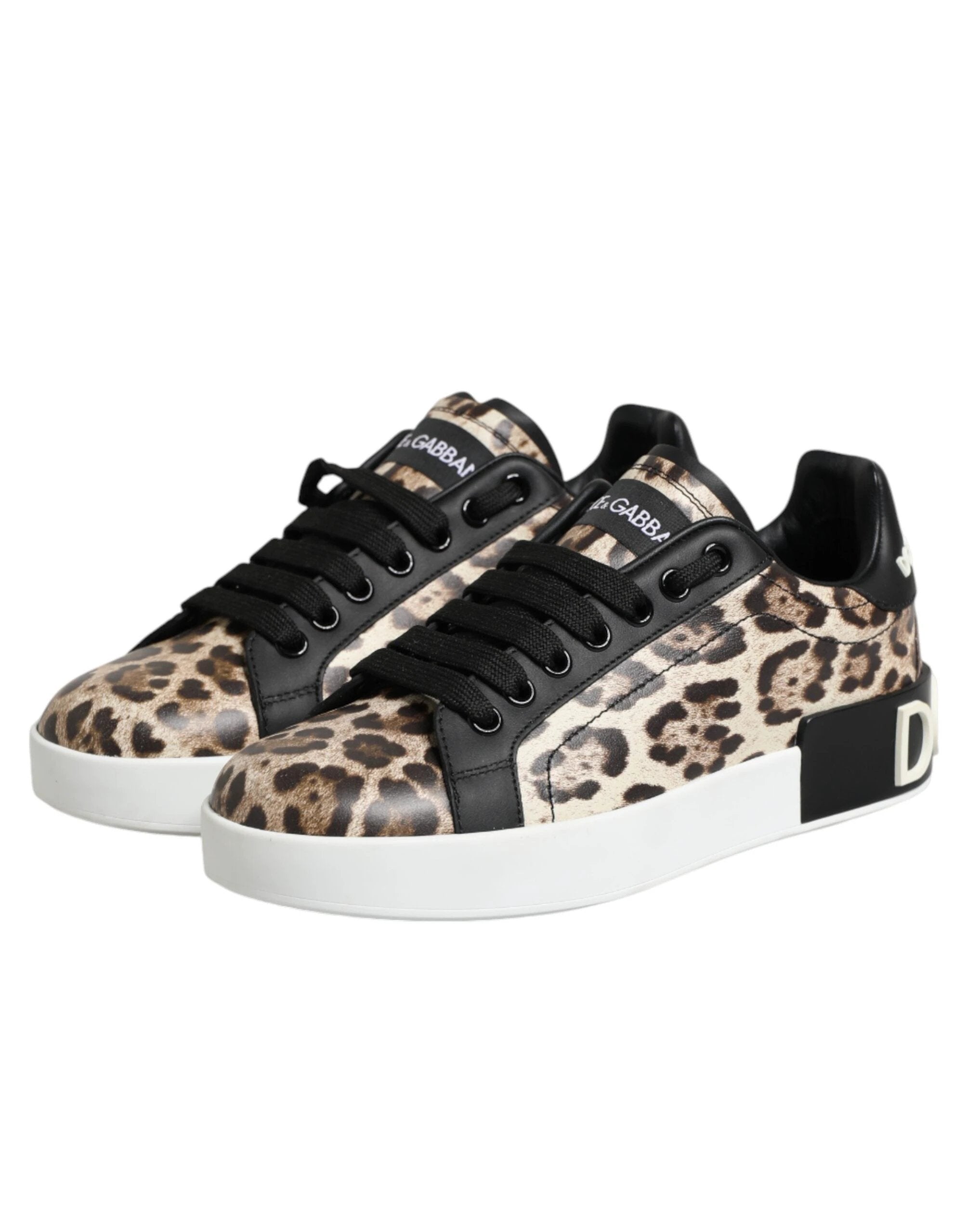 Dolce & Gabbana Brown Leather Leopard Low Top Sneakers Shoes by Dolce & Gabbana