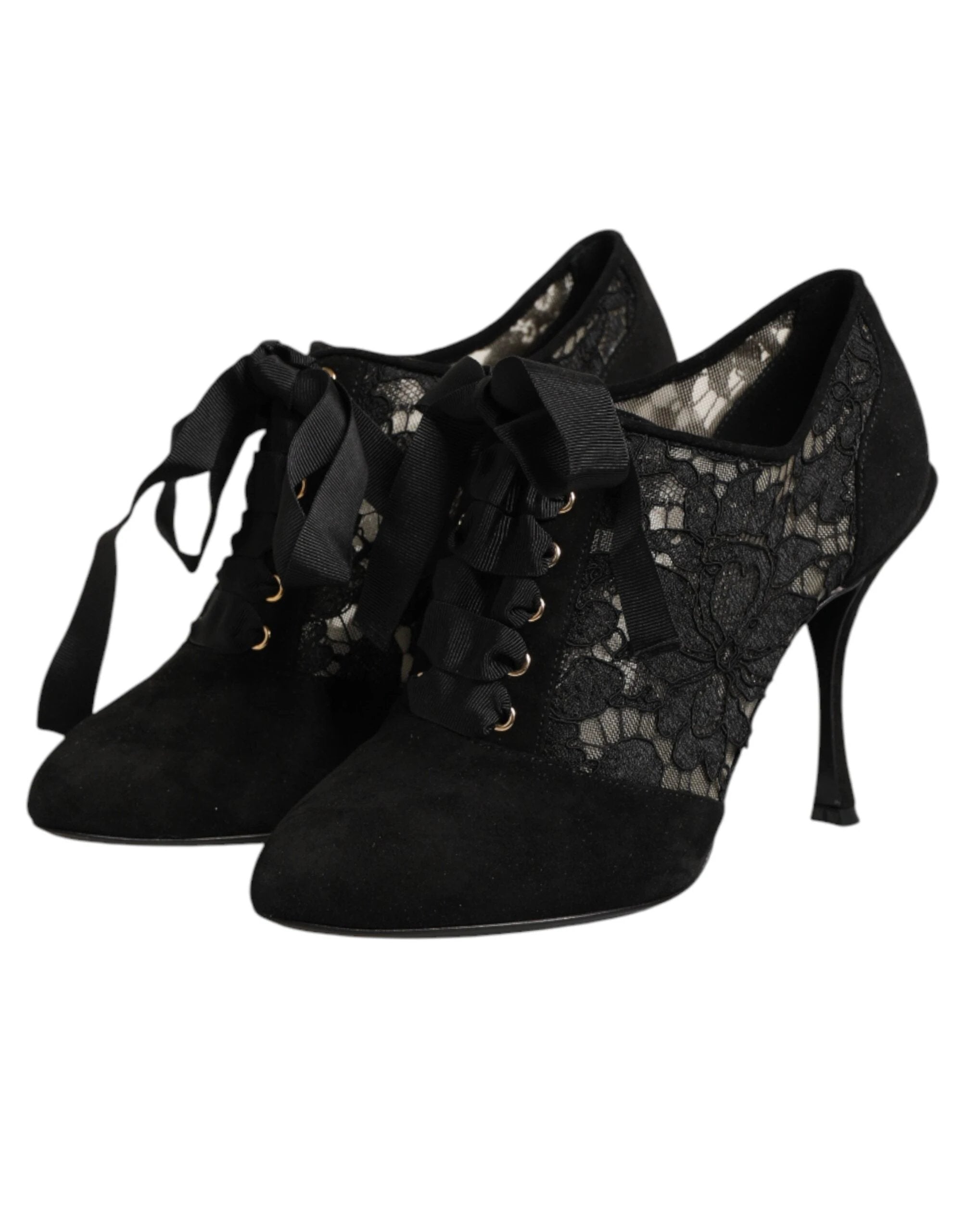 Dolce & Gabbana Black Floral High Heels LACE-UPS Pumps Shoes by Dolce & Gabbana