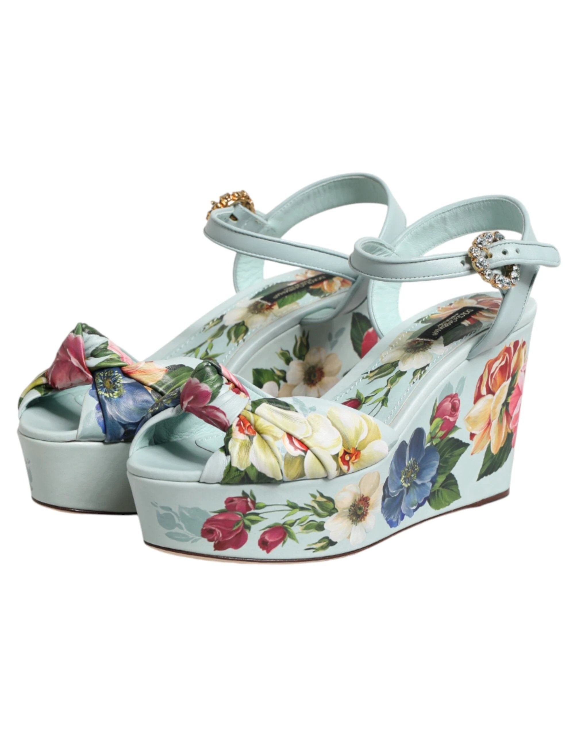 Dolce & Gabbana Green Floral Ankle Strap Wedge Sandals Shoes by Dolce & Gabbana