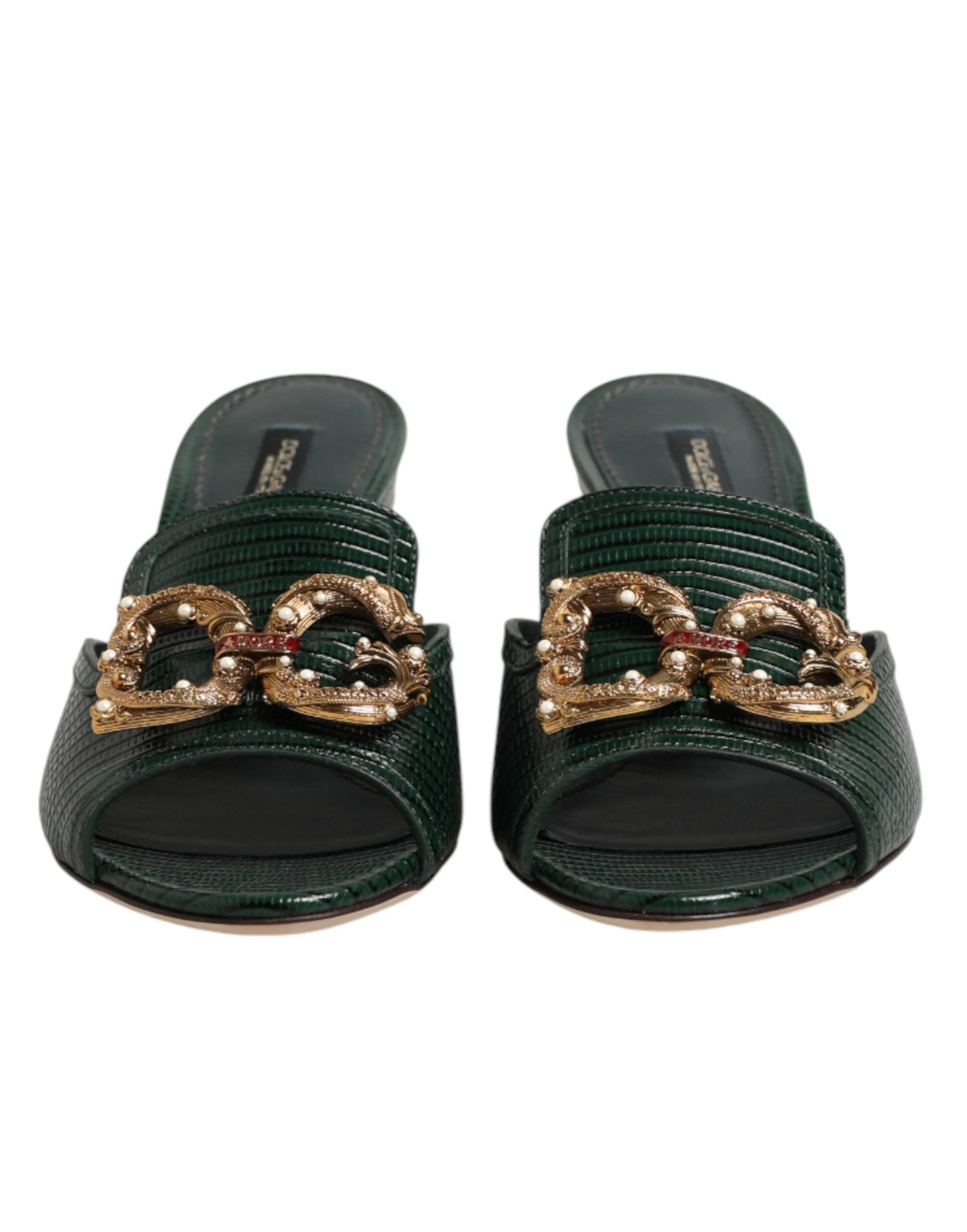 Dolce & Gabbana Green DG Amore Heel Slides Sandals Shoes by Dolce & Gabbana
