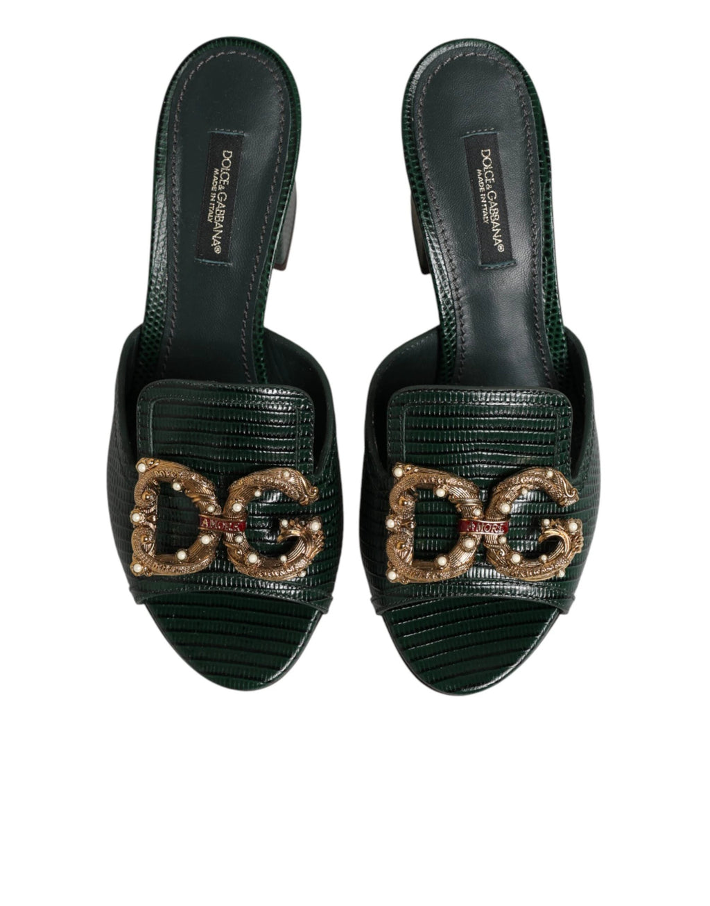 Dolce & Gabbana Green DG Amore Heel Slides Sandals Shoes by Dolce & Gabbana