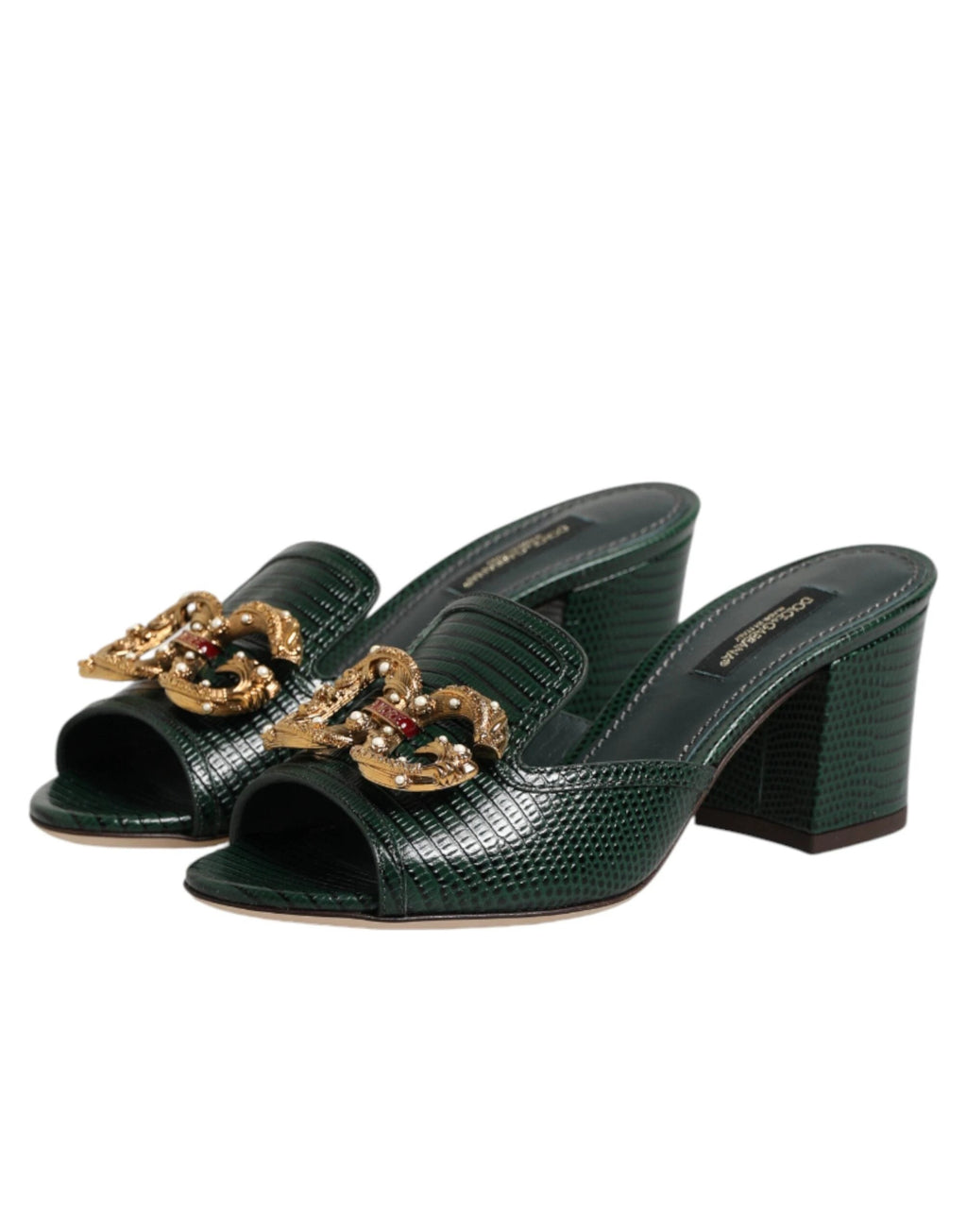 Dolce & Gabbana Green DG Amore Heel Slides Sandals Shoes by Dolce & Gabbana