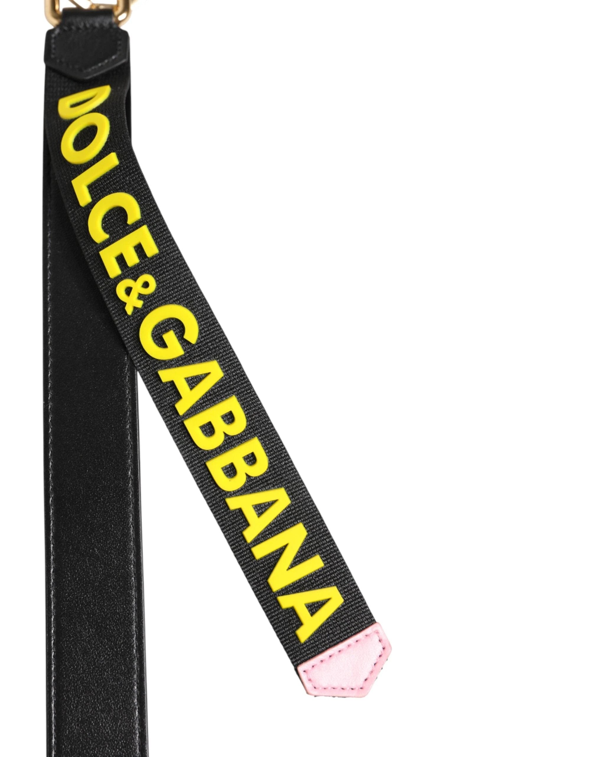 Dolce & Gabbana Black Yellow Logo Letaher Brass Holder Keychain Keyring by Dolce & Gabbana