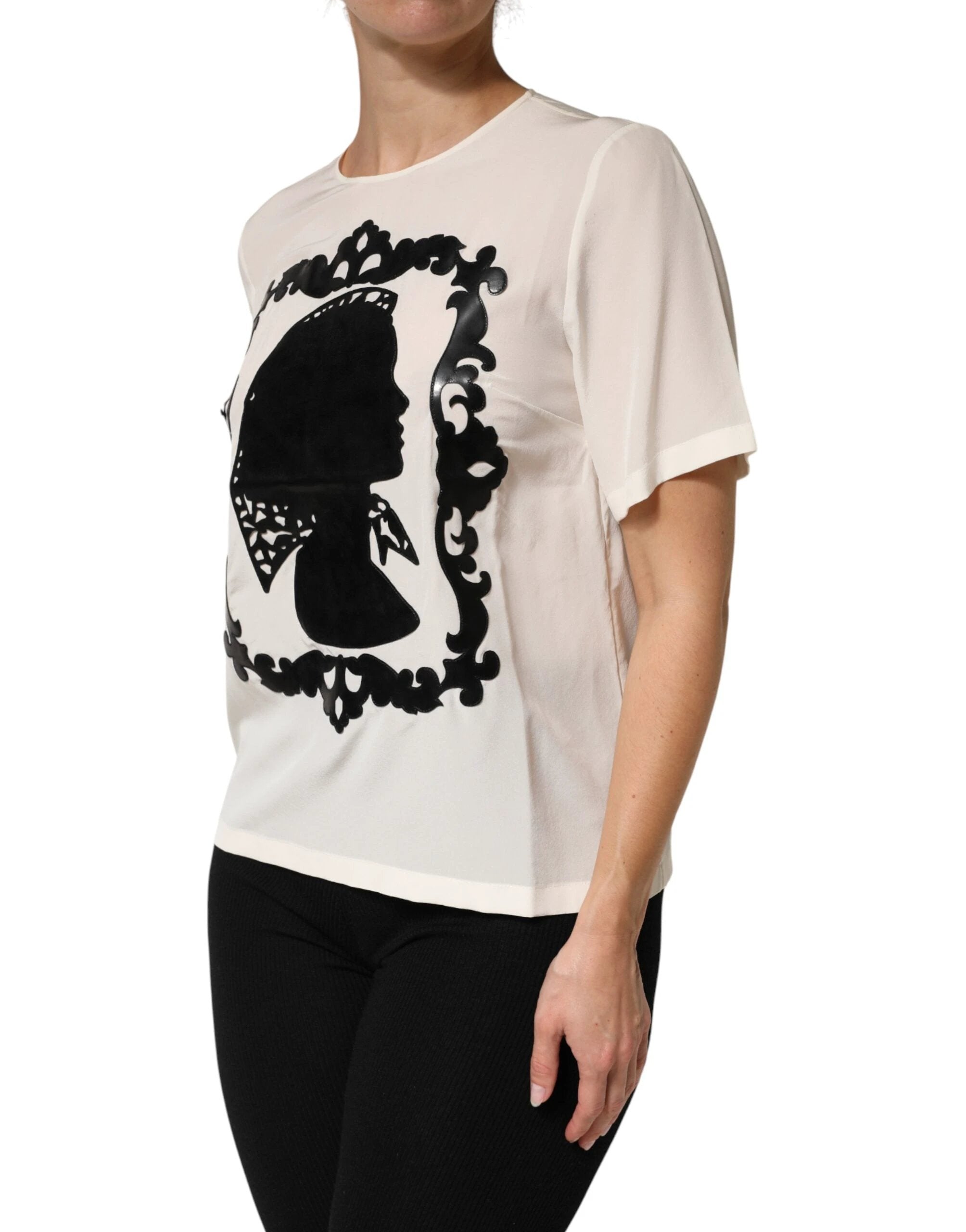 Dolce & Gabbana Cream Silk Silhouette Detail Short Sleeve Top by Dolce & Gabbana