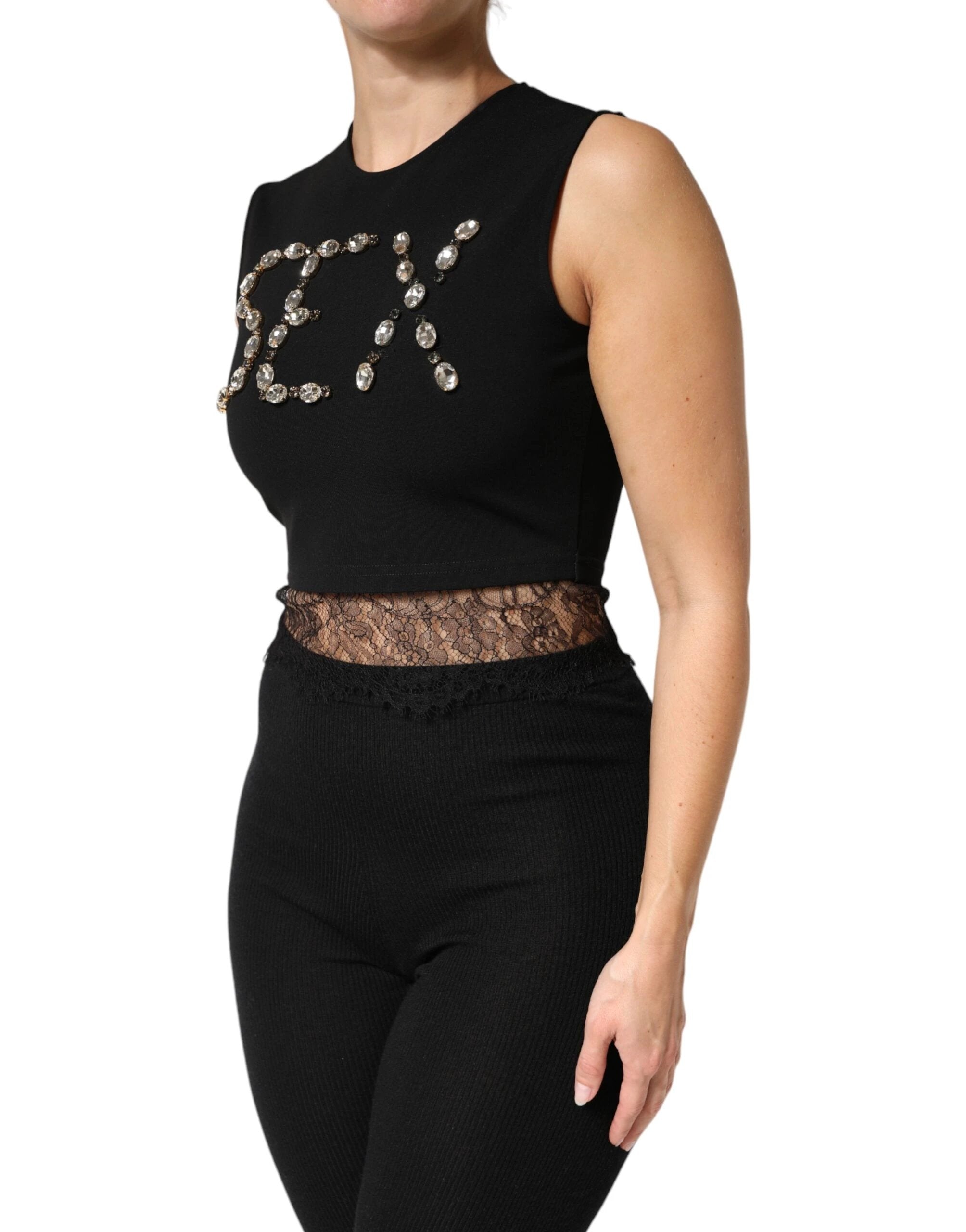 Dolce & Gabbana Black Jersey Lace Ruching Rhinestone Tank Top by Dolce & Gabbana