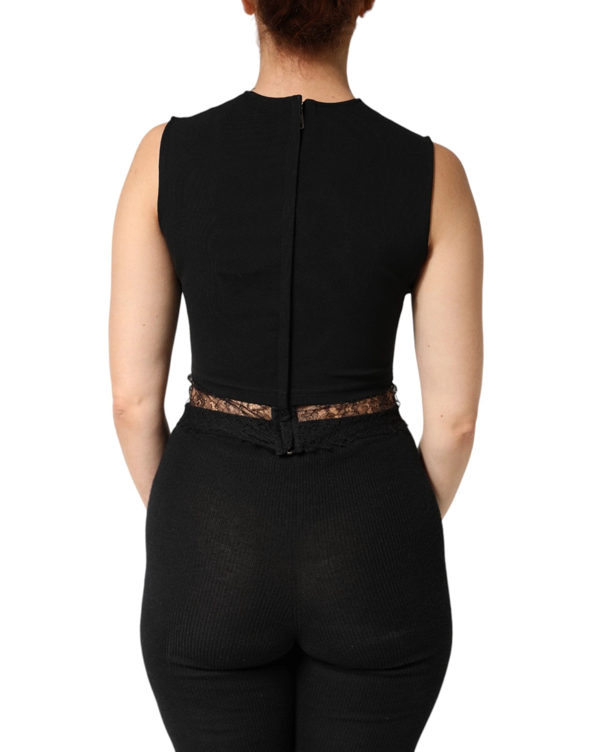 Dolce & Gabbana Black Jersey Lace Ruching Rhinestone Tank Top by Dolce & Gabbana