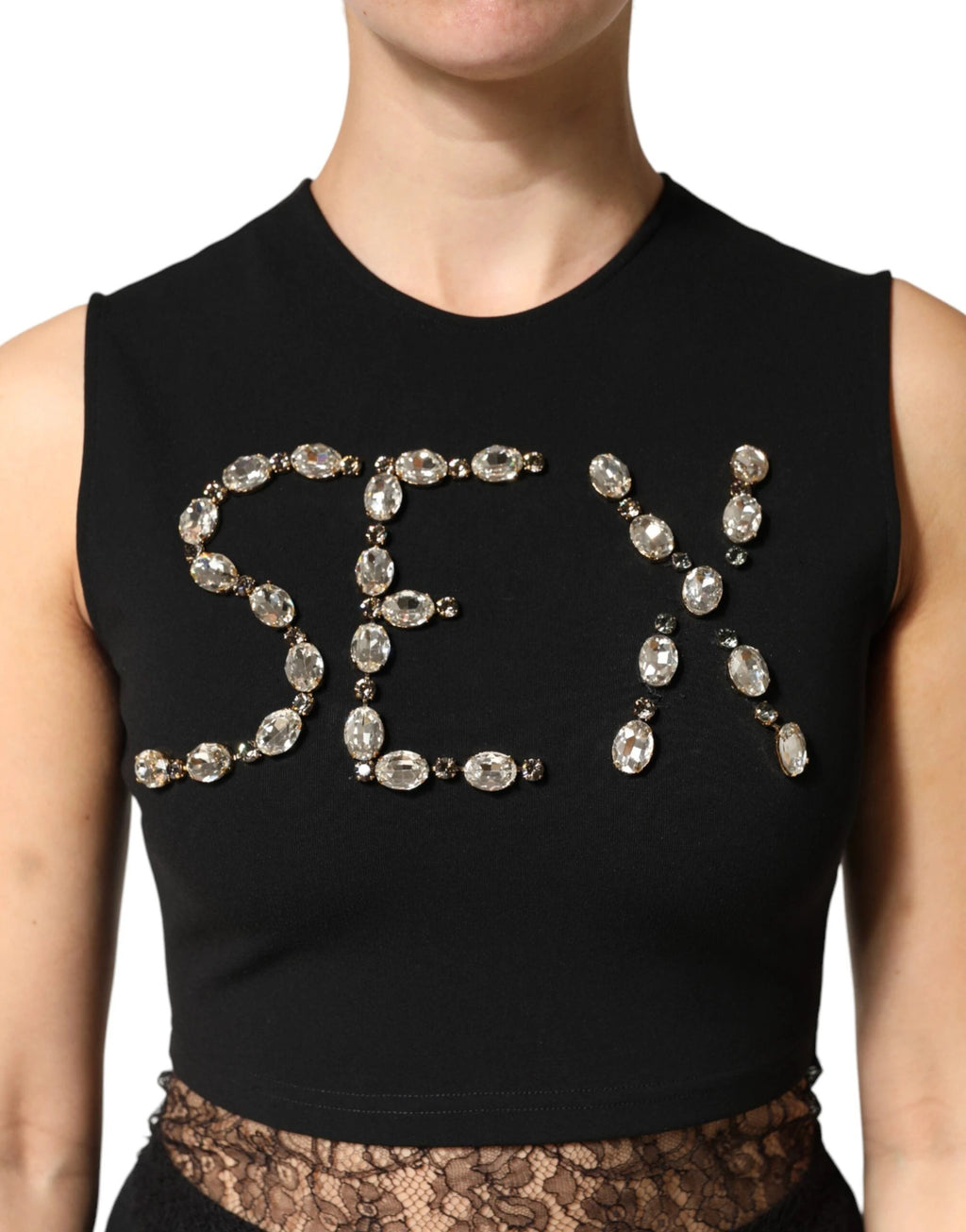 Dolce & Gabbana Black Jersey Lace Ruching Rhinestone Tank Top by Dolce & Gabbana