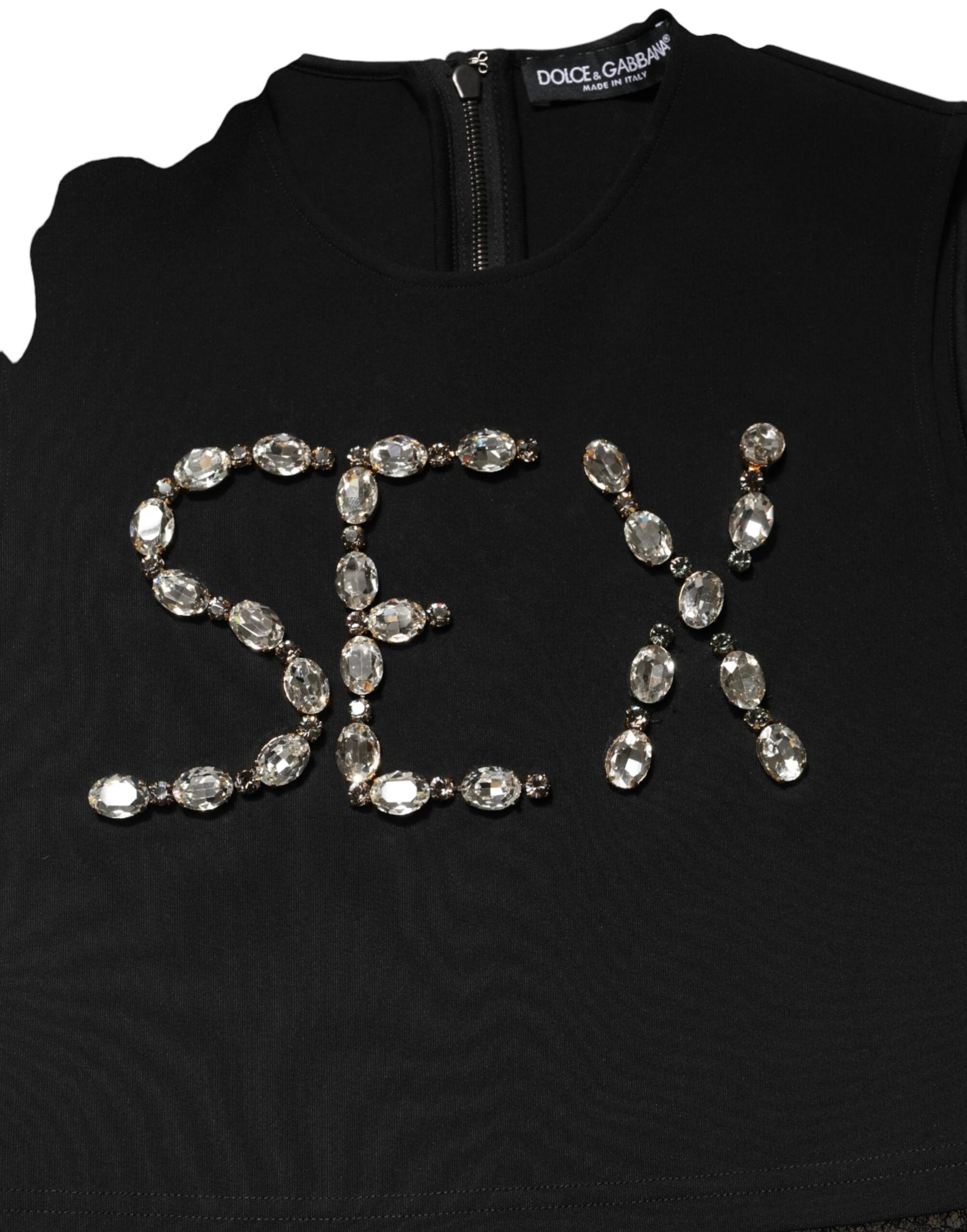 Dolce & Gabbana Black Jersey Lace Ruching Rhinestone Tank Top by Dolce & Gabbana