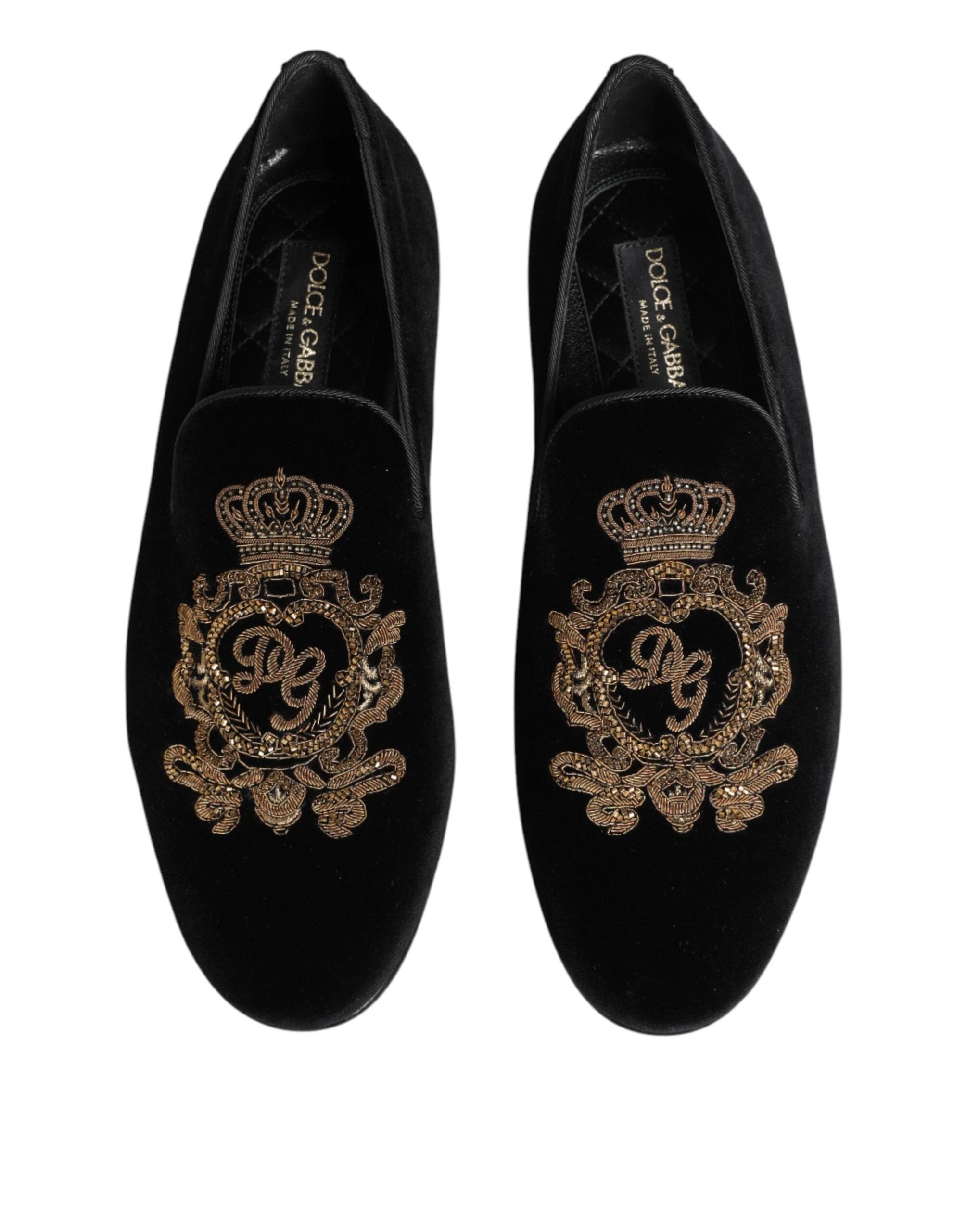 Dolce & Gabbana Black Velvet Gold Crown Mens Loafers Shoes by Dolce & Gabbana