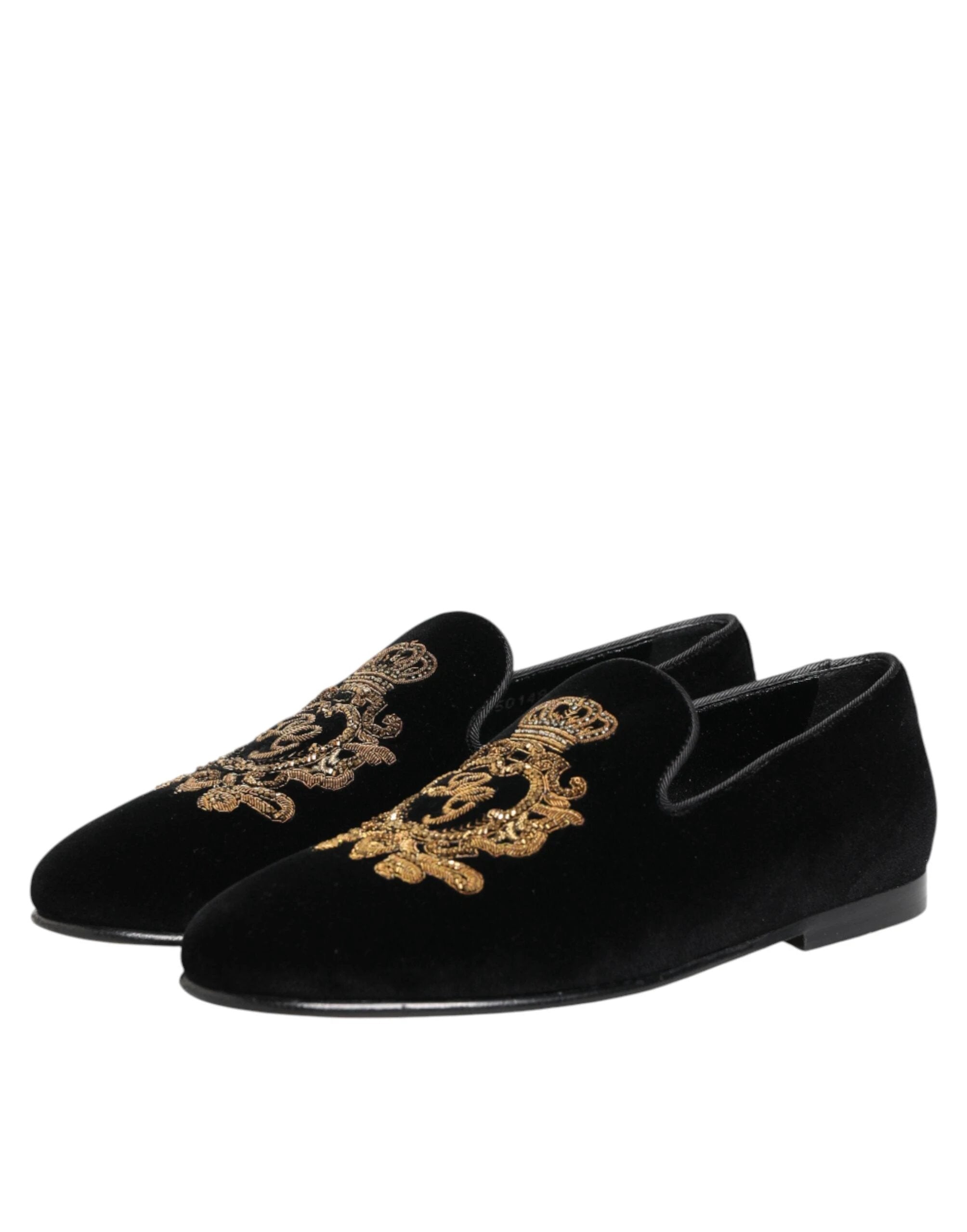 Dolce & Gabbana Black Velvet Gold Crown Mens Loafers Shoes by Dolce & Gabbana