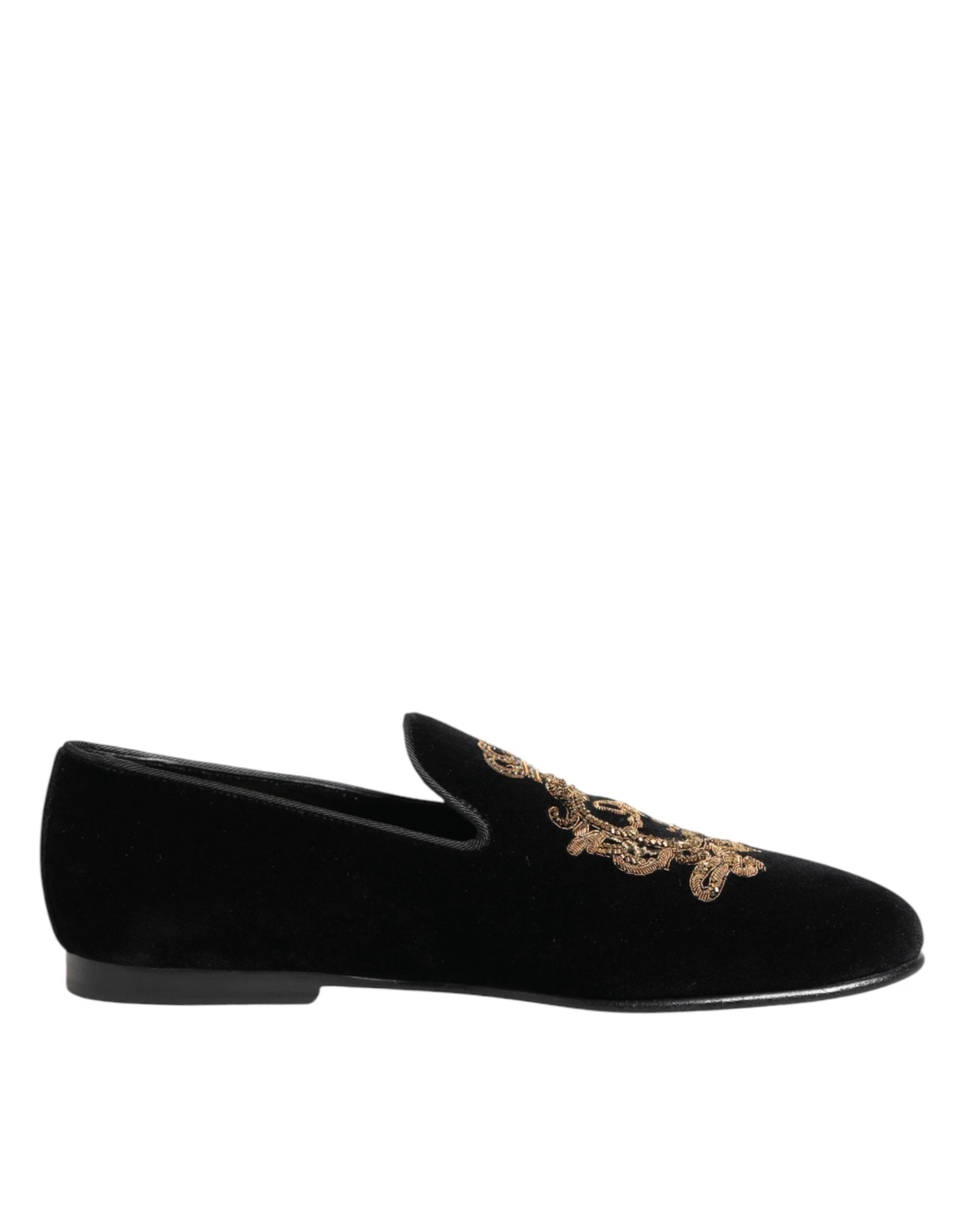 Dolce & Gabbana Black Velvet Gold Crown Mens Loafers Shoes by Dolce & Gabbana