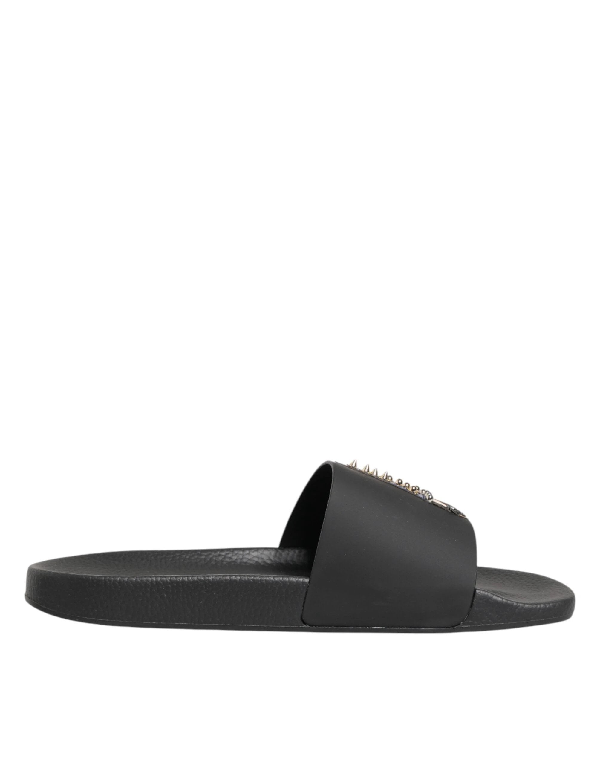 Dolce & Gabbana Black Leather Slides Sandals Beachwear Shoes by Dolce & Gabbana