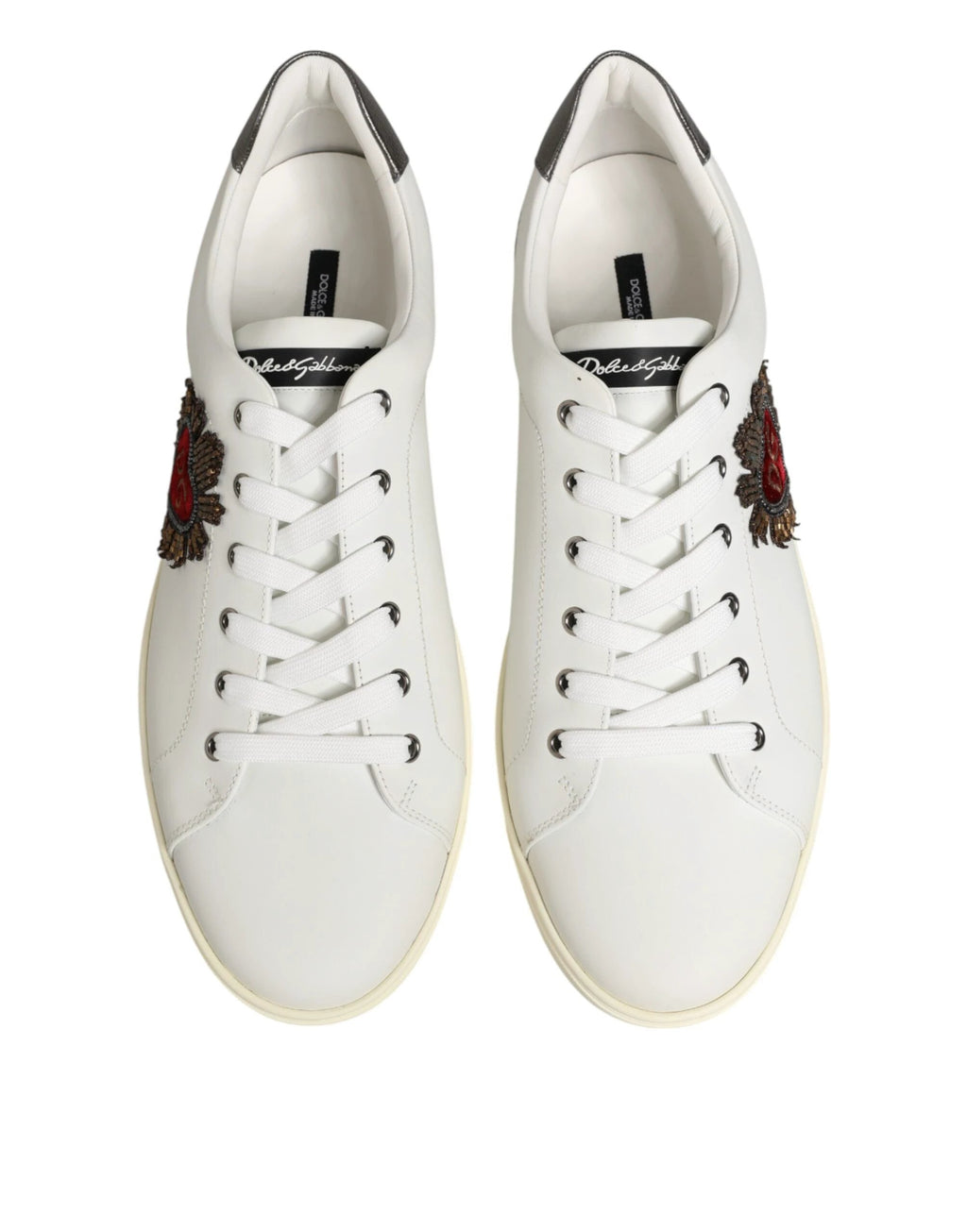 Dolce & Gabbana White Leather Heart Embellished Sneakers Shoes by Dolce & Gabbana
