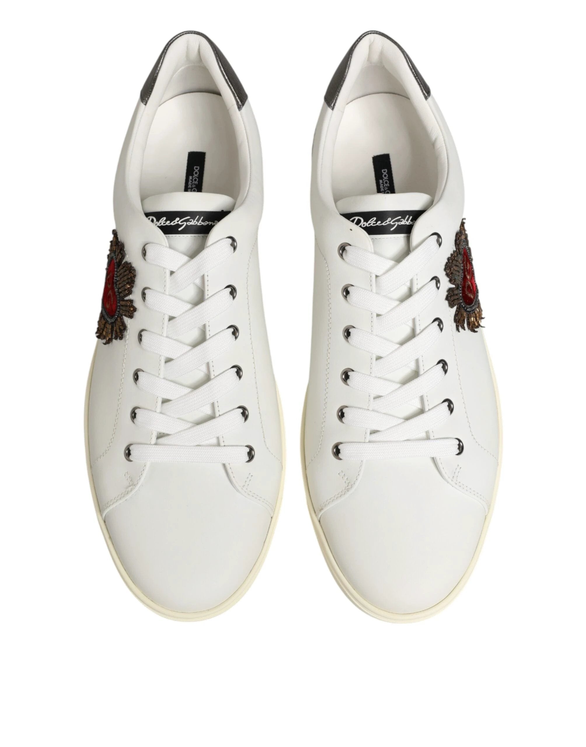 Dolce & Gabbana White Leather Heart Embellished Sneakers Shoes by Dolce & Gabbana