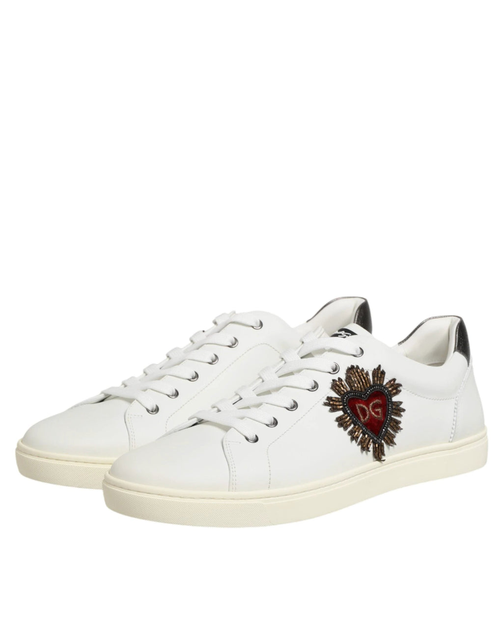 Dolce & Gabbana White Leather Heart Embellished Sneakers Shoes by Dolce & Gabbana